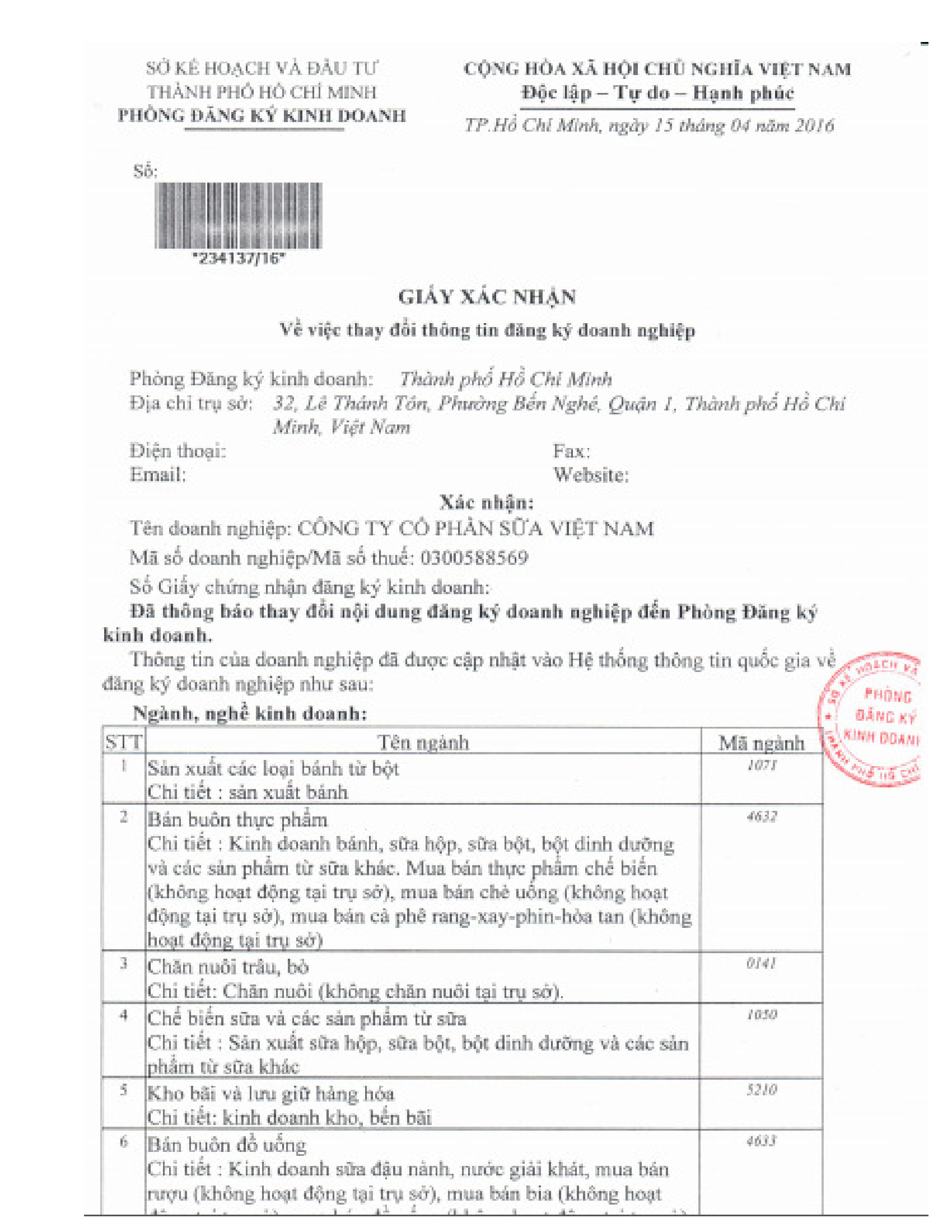 Xác nhận về việc thay đổi thông tin đăng ký doanh nghiệp 1