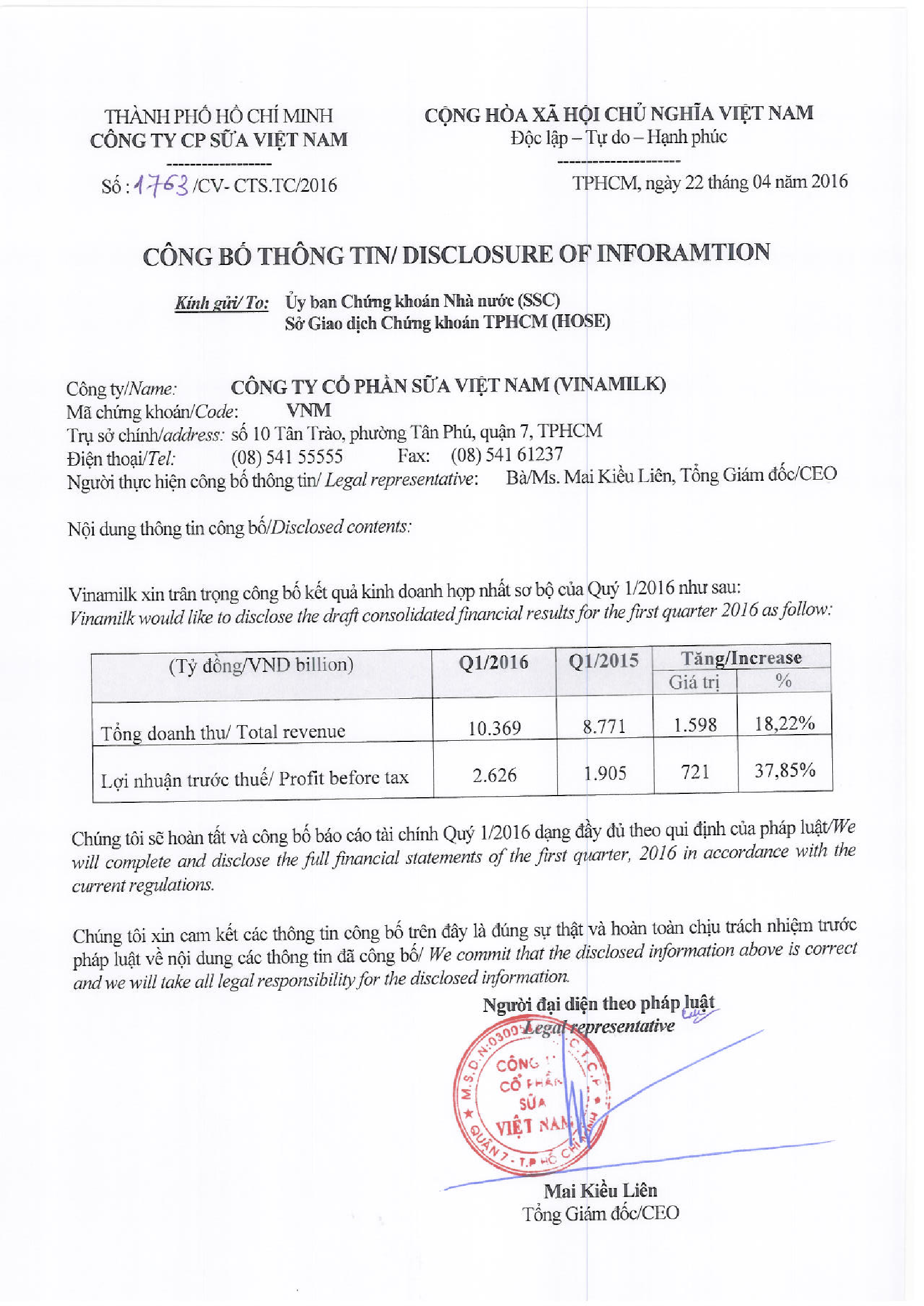 Công bố kết quả kinh doanh hợp nhất sơ bộ của Quý 1/2016 1