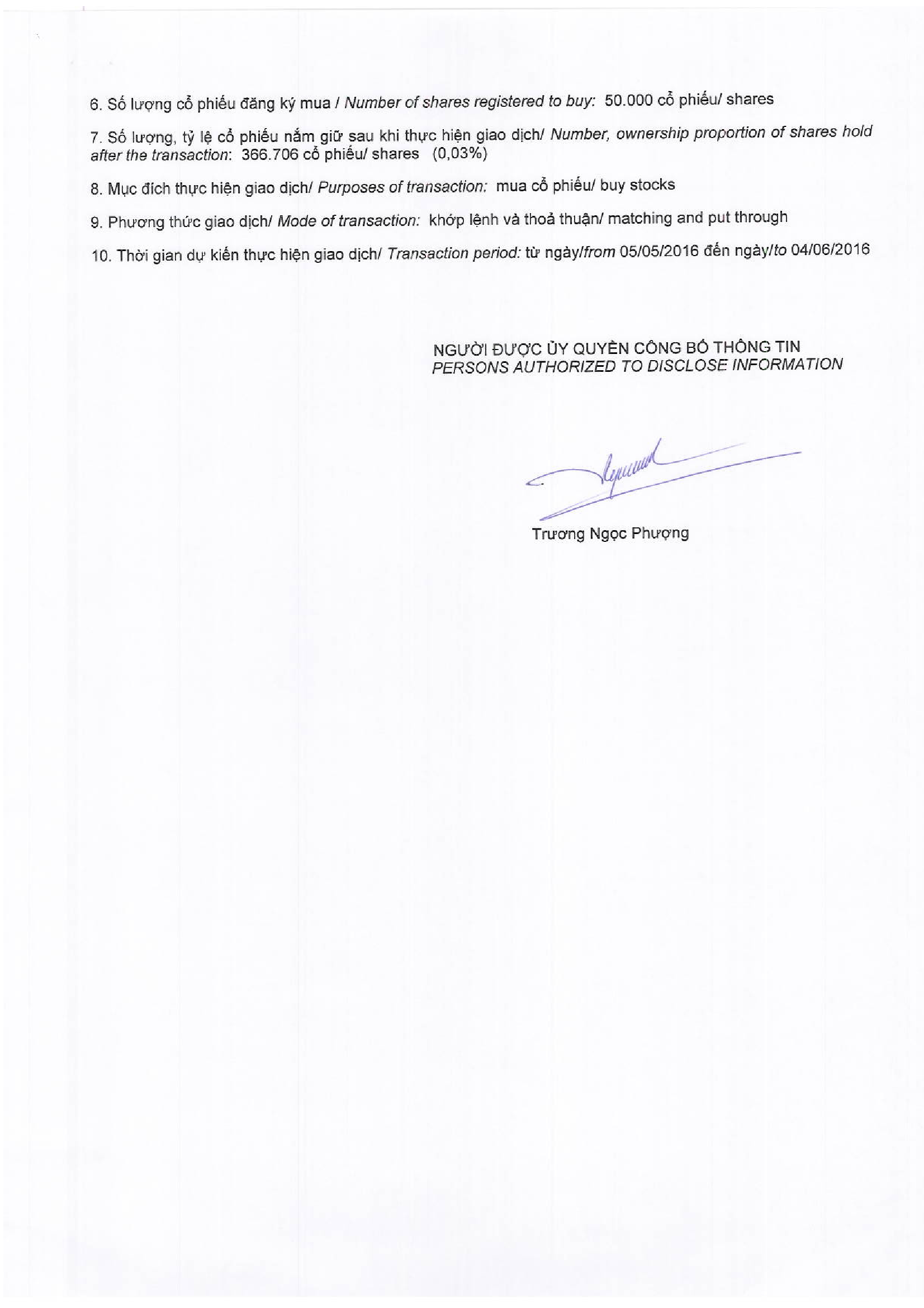 Thông báo giao dịch cổ phiếu của tổ chức có liên quan đến cổ đông nội bộ 2