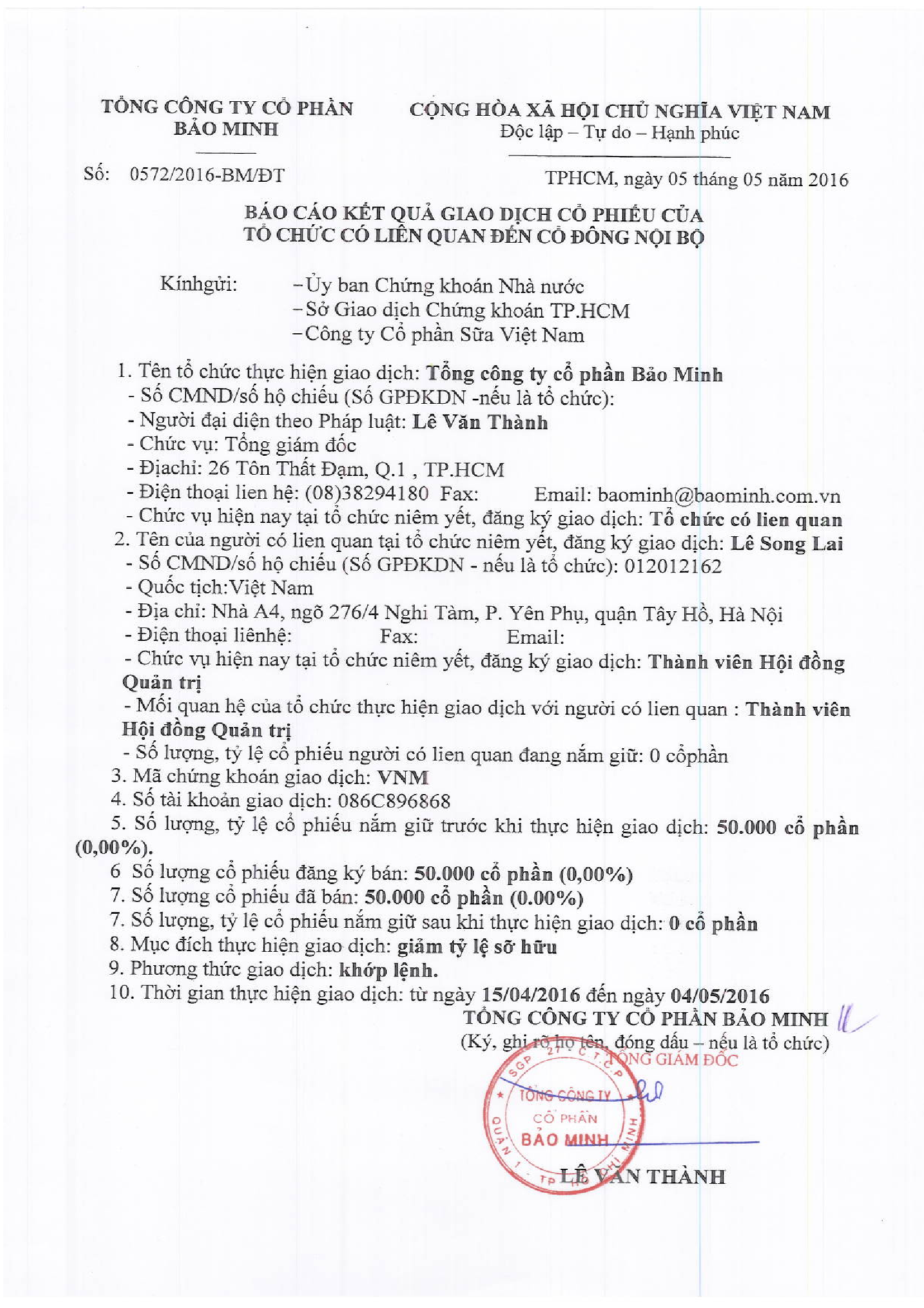 Báo cáo kết quả giao dịch cổ phiếu của tổ chức có liên quan đến Cổ đông nội bộ 1