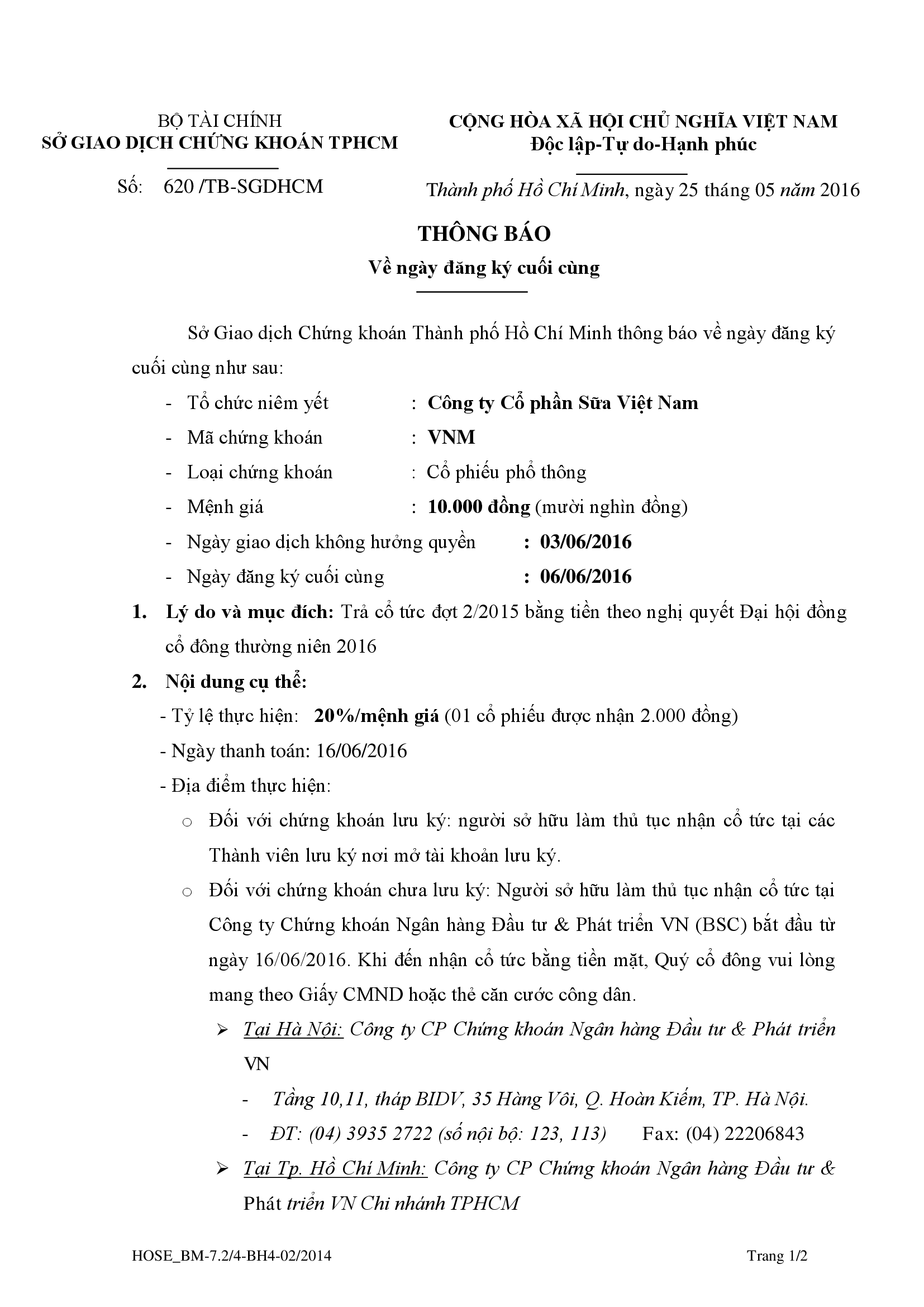 Thông báo ngày đăng ký trả cổ tức bằng tiền theo nghị quyết đại hội đồng cổ đông thường niên 2016 1