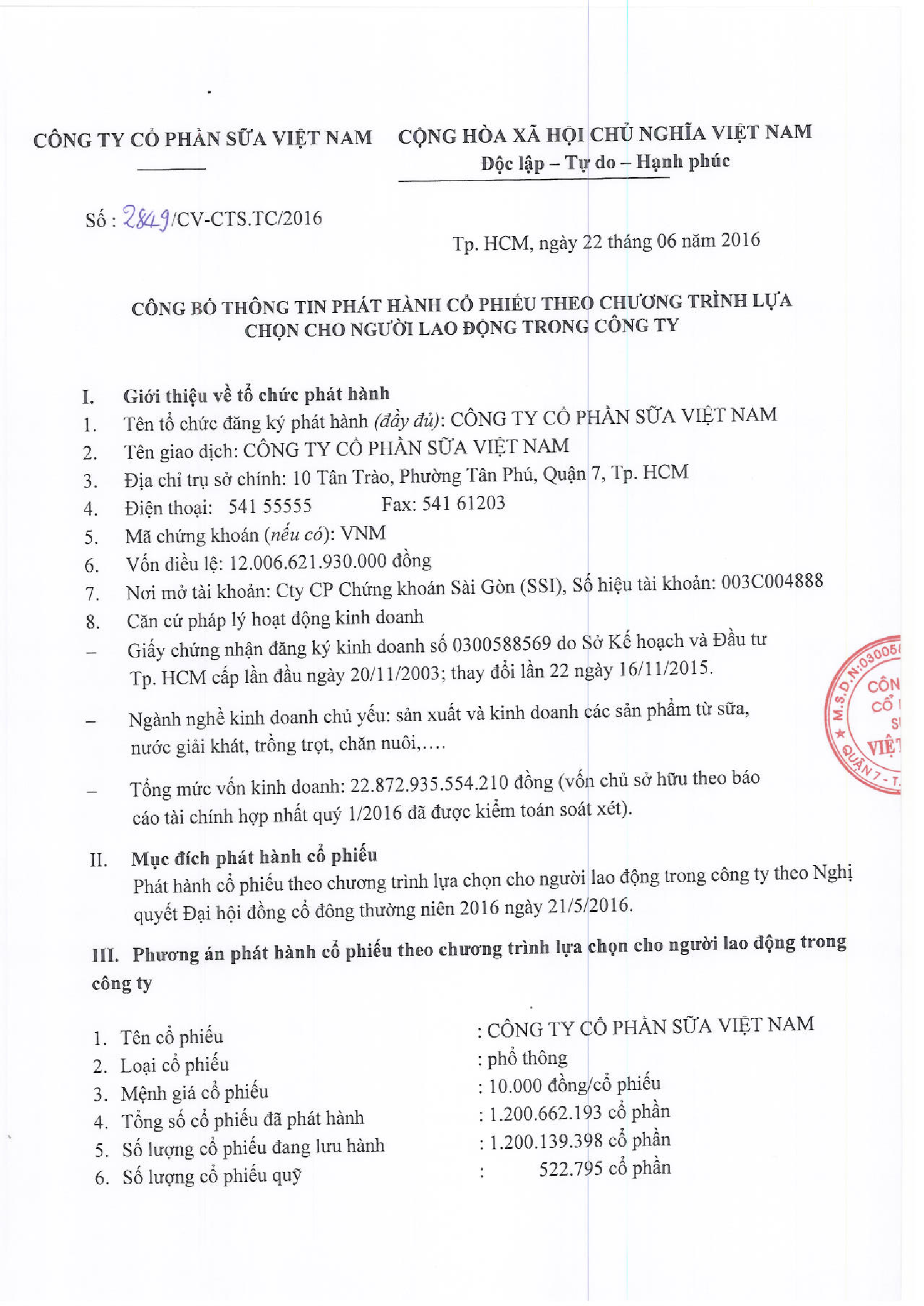 Công bố thông tin phát hành cổ phiếu theo chương trình lựa chọn cho người lao động trong công ty 1