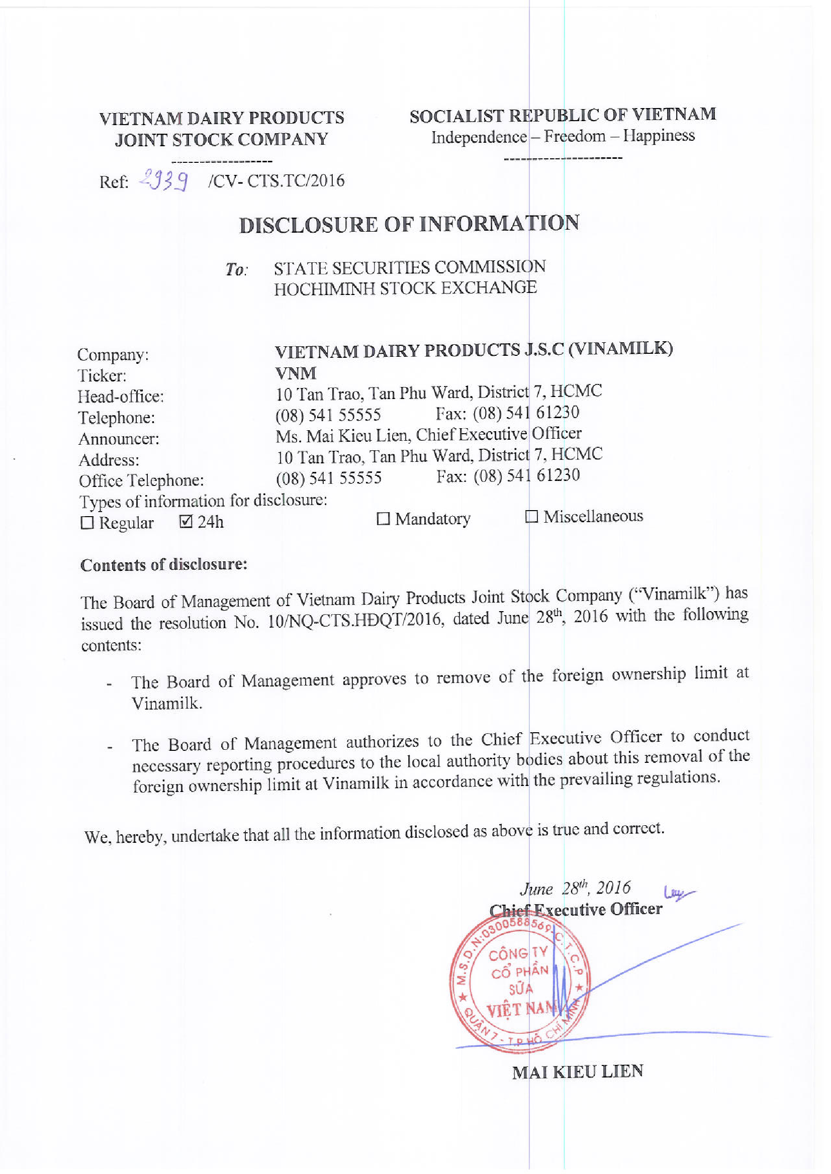 The Board of Management approves to remove of the foreign ownership limit at Vinamilk 1