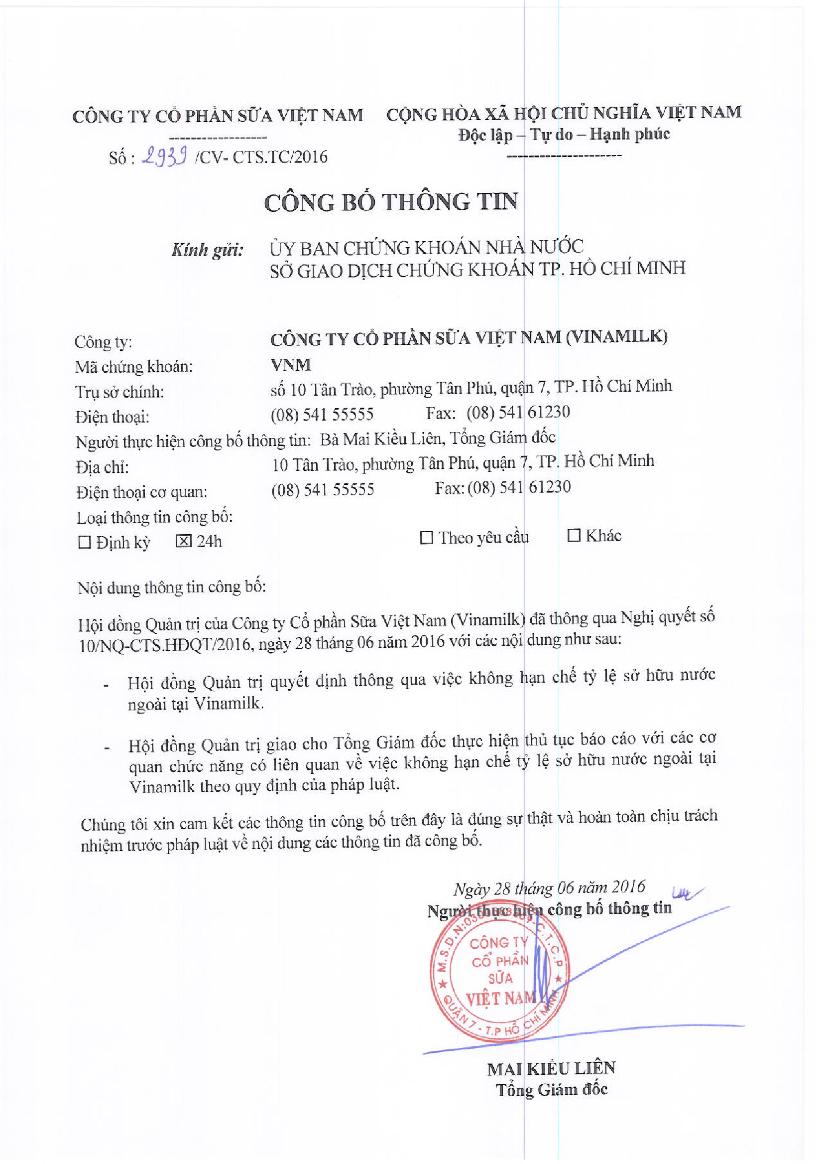 Nghị quyết HĐQT về việc không giới hạn tỷ lệ sở hữu nước ngoài tại Vinamilk 1