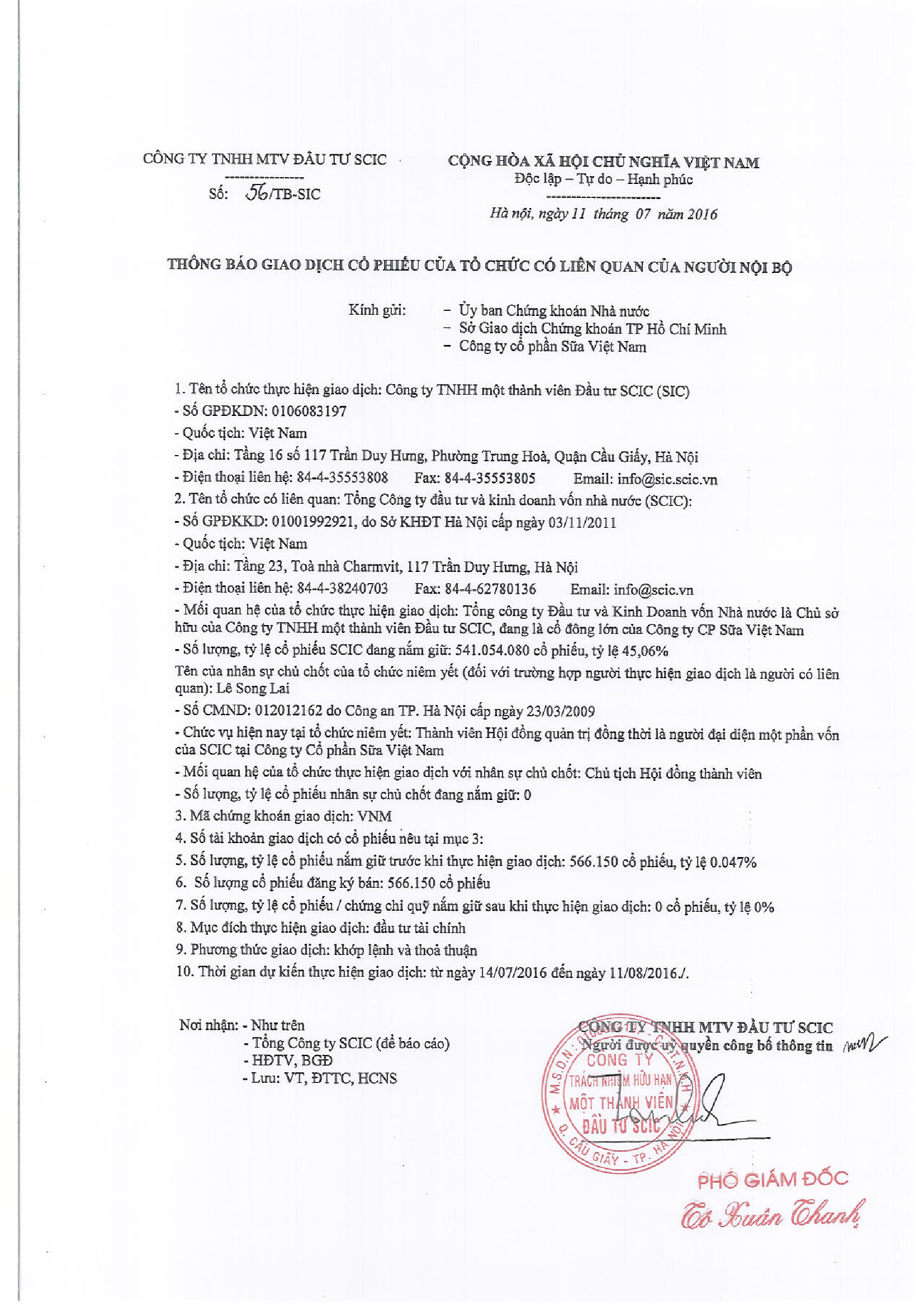 Thông báo giao dịch cổ phiếu của Tổ chức có liên quan của Người nội bộ 1