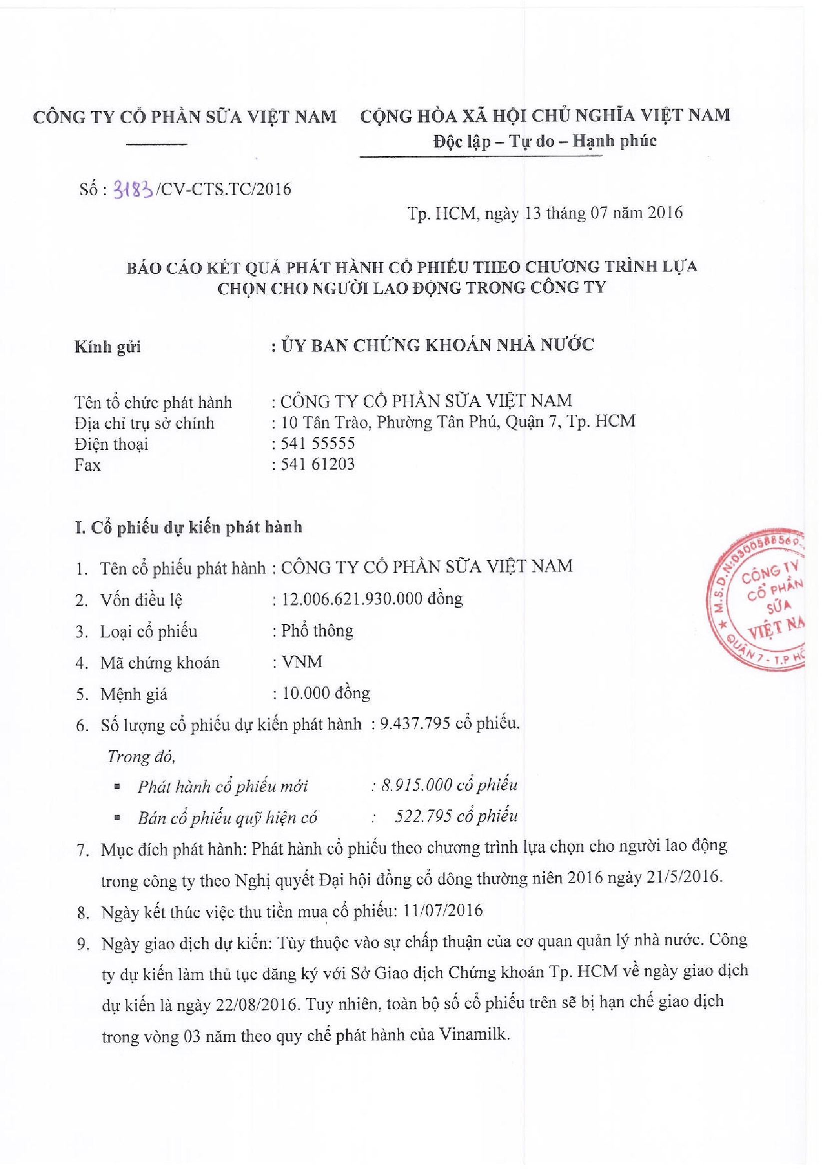 Báo cáo kết quả phát hành cổ phiếu theo chương trình lựa chọn cho người trong công ty 1