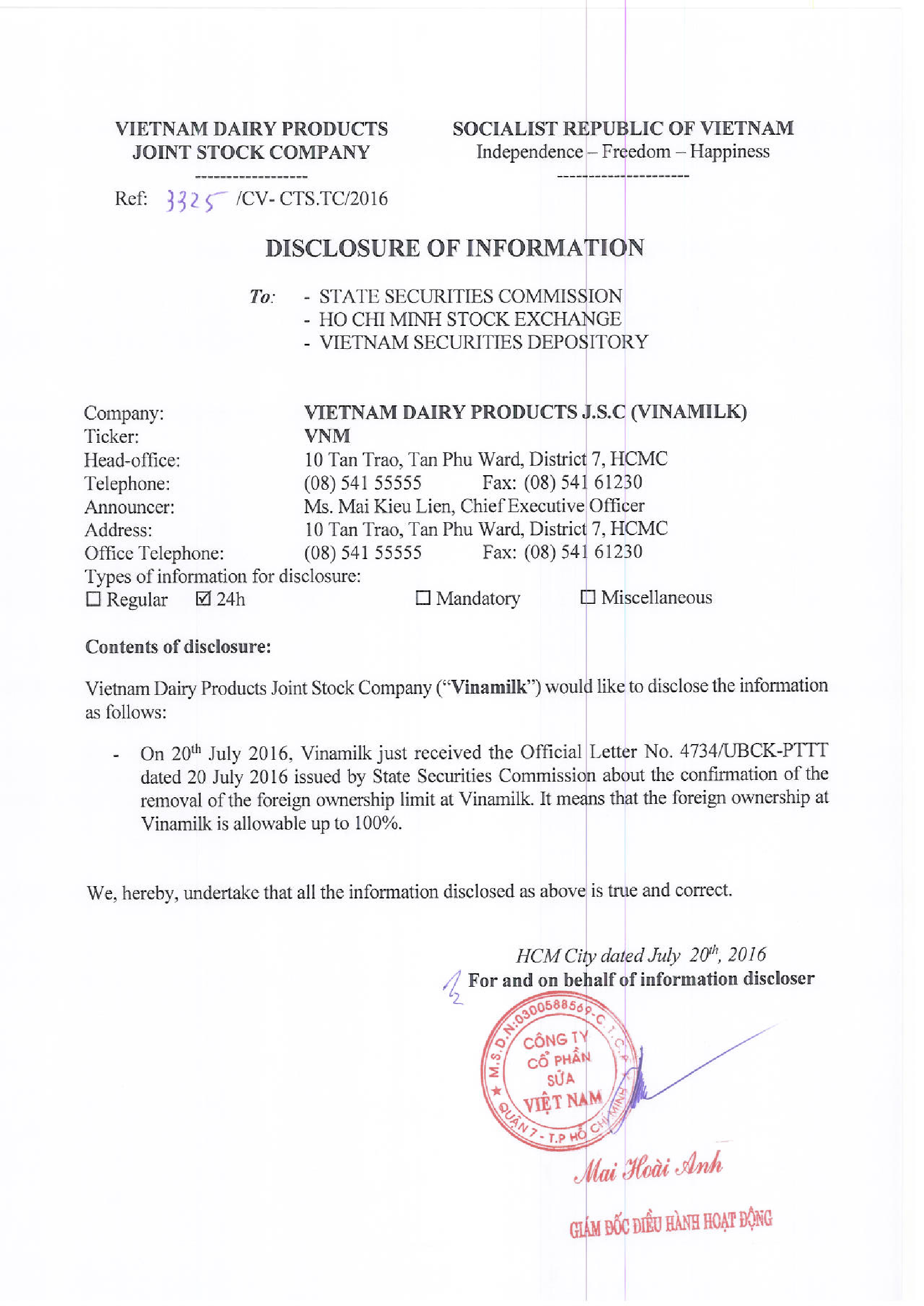 Disclosure of Information about the removal  of the foreign ownership limit at Vinamilk 1