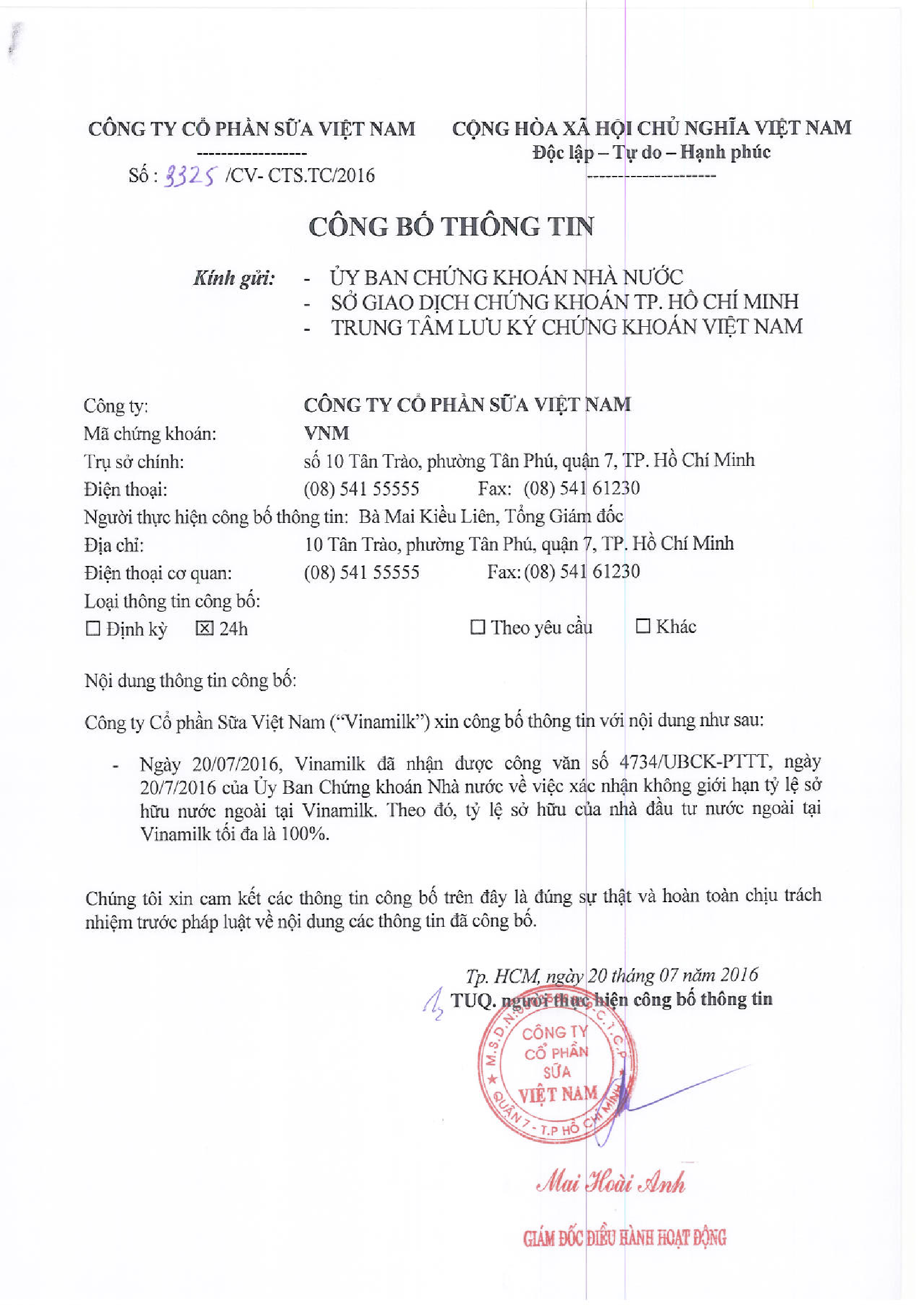 Công bố thông tin về việc không hạn chế tỷ lệ sở hữu nước ngoài tại Vinamilk 1