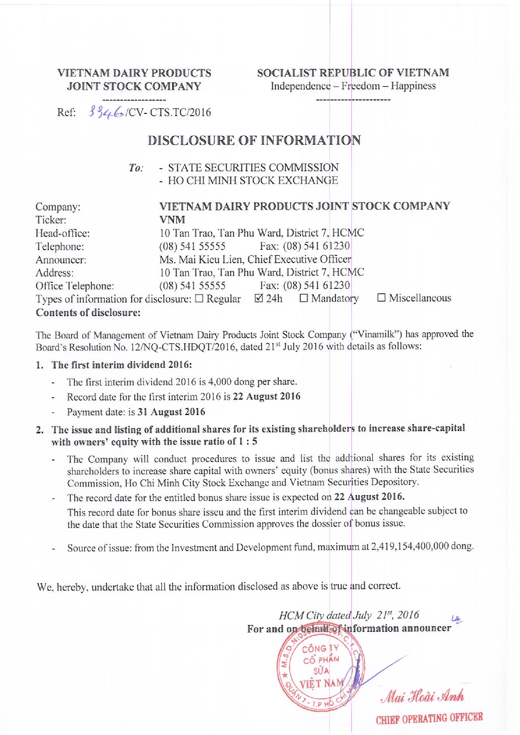 Disclosure of information about the first interim dividend 2016 and listing of additional shares with the issue ratio of 1:5 1