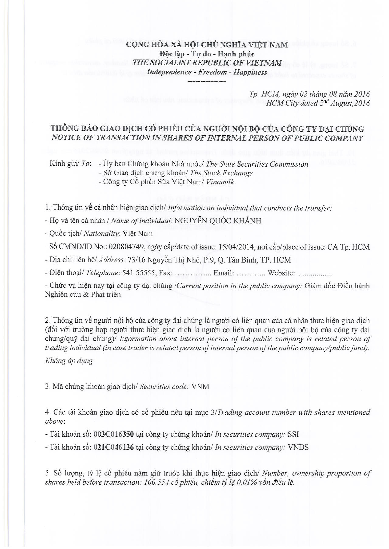 Notice of transaction in shares of internal person of public company - Nguyen Quoc Khanh 1