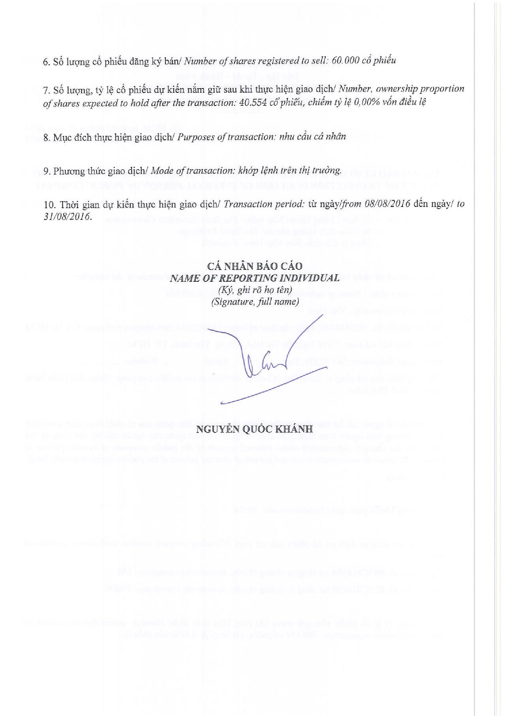 Notice of transaction in shares of internal person of public company - Nguyen Quoc Khanh 2