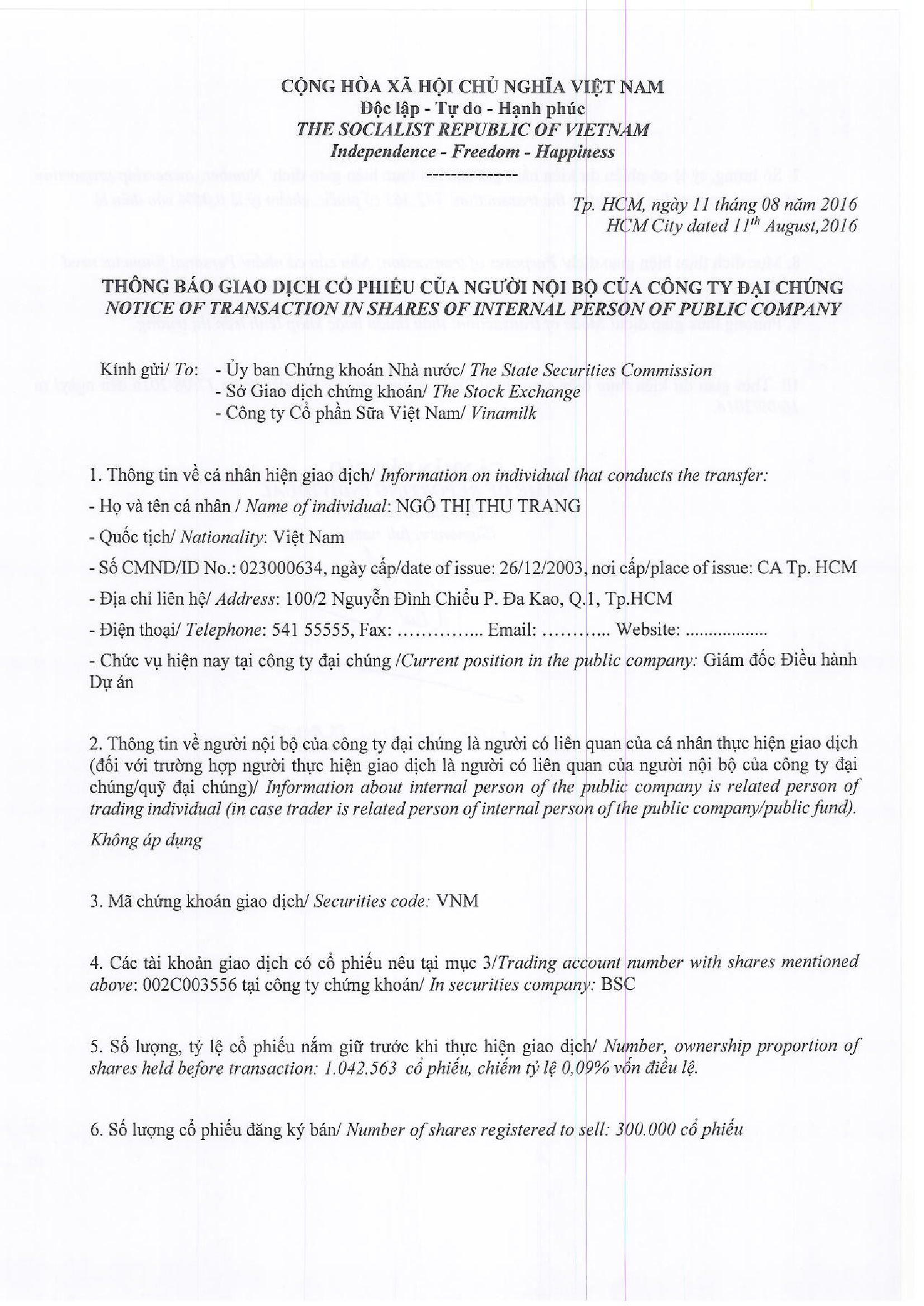 Notice of transaction in shares of internal person of public company - Ngo Thi Thu Trang 1