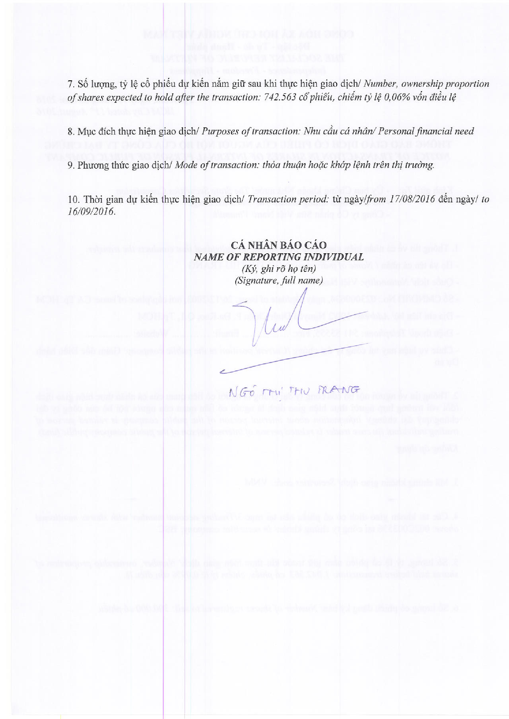 Notice of transaction in shares of internal person of public company - Ngo Thi Thu Trang 2