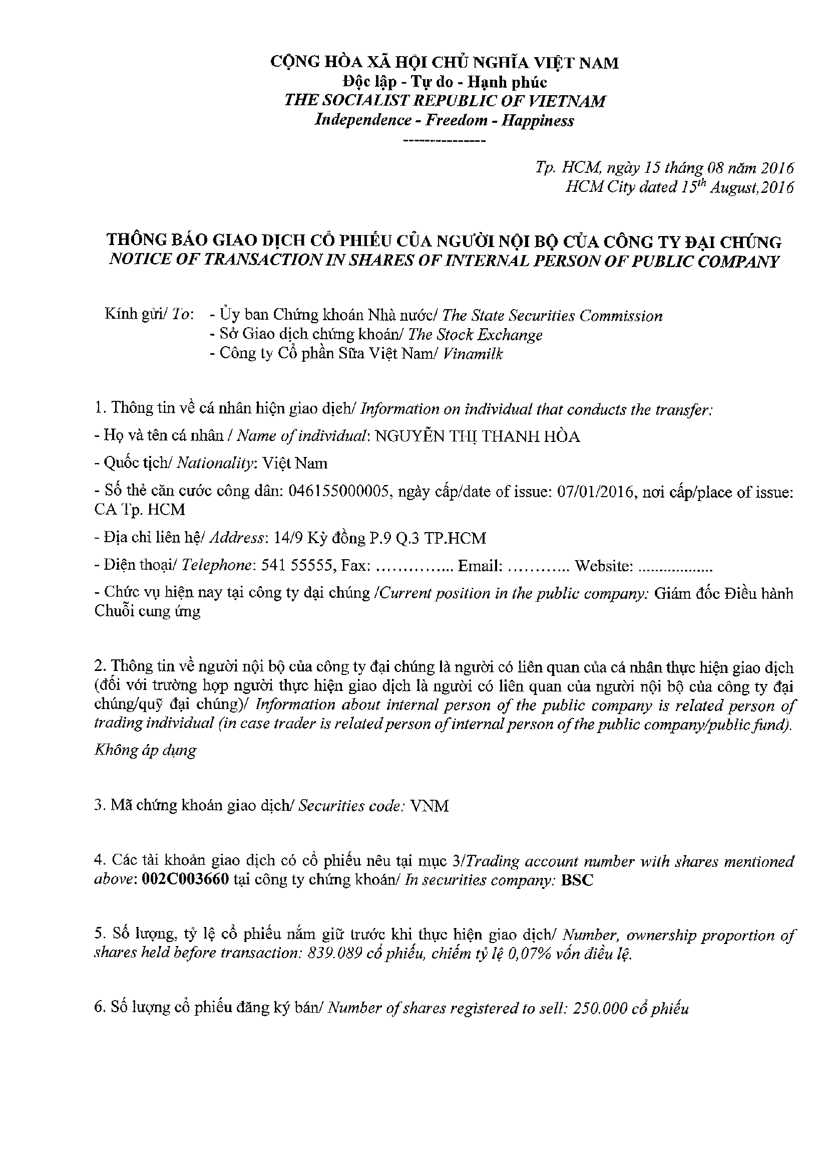 Notice of transaction in shares of internal person of public company - Nguyen Thi Thanh Hoa 1