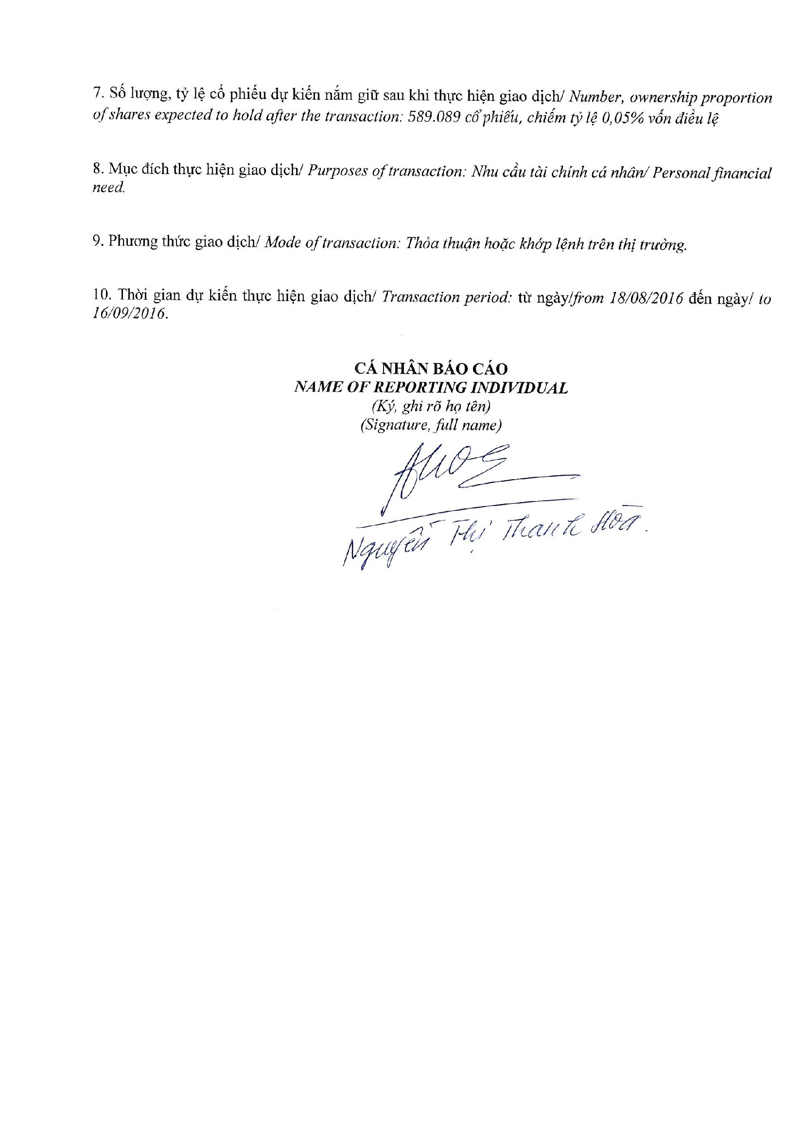 Thông báo giao dịch cổ phiếu của người nội bộ của công ty đại chúng - Nguyễn Thị Thanh Hòa 2