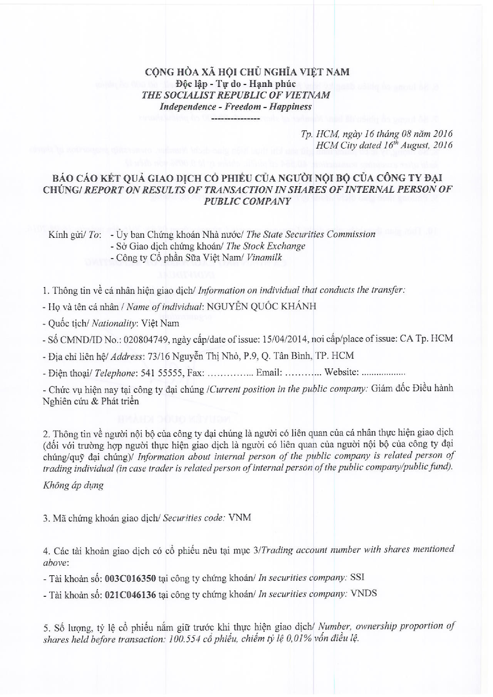 Thông báo giao dịch cổ phiếu của người nội bộ của công ty đại chúng - Nguyễn Quốc Khánh 1