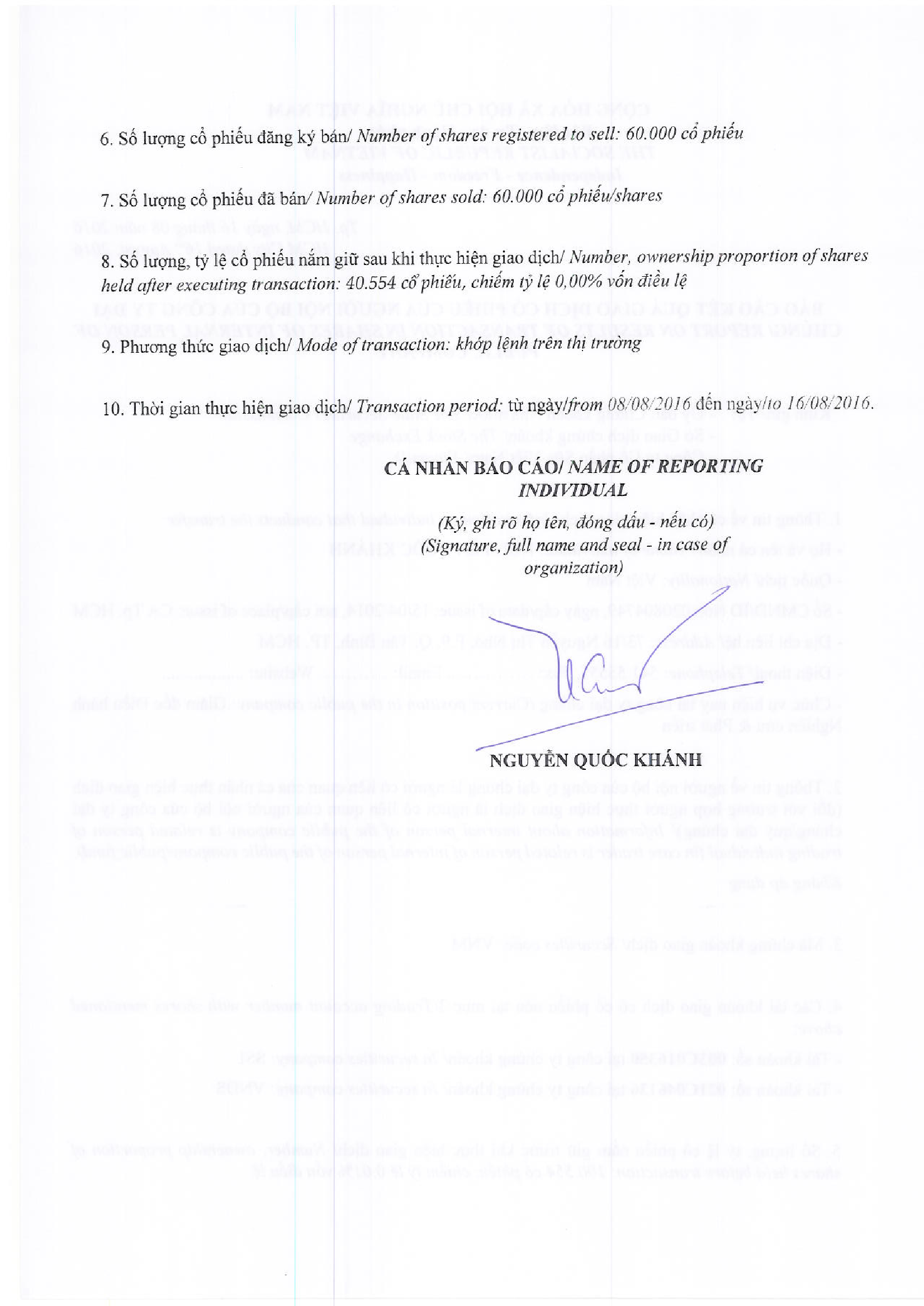 Notice of transaction in shares of internal person of public company - Nguyen Quoc Khanh 2
