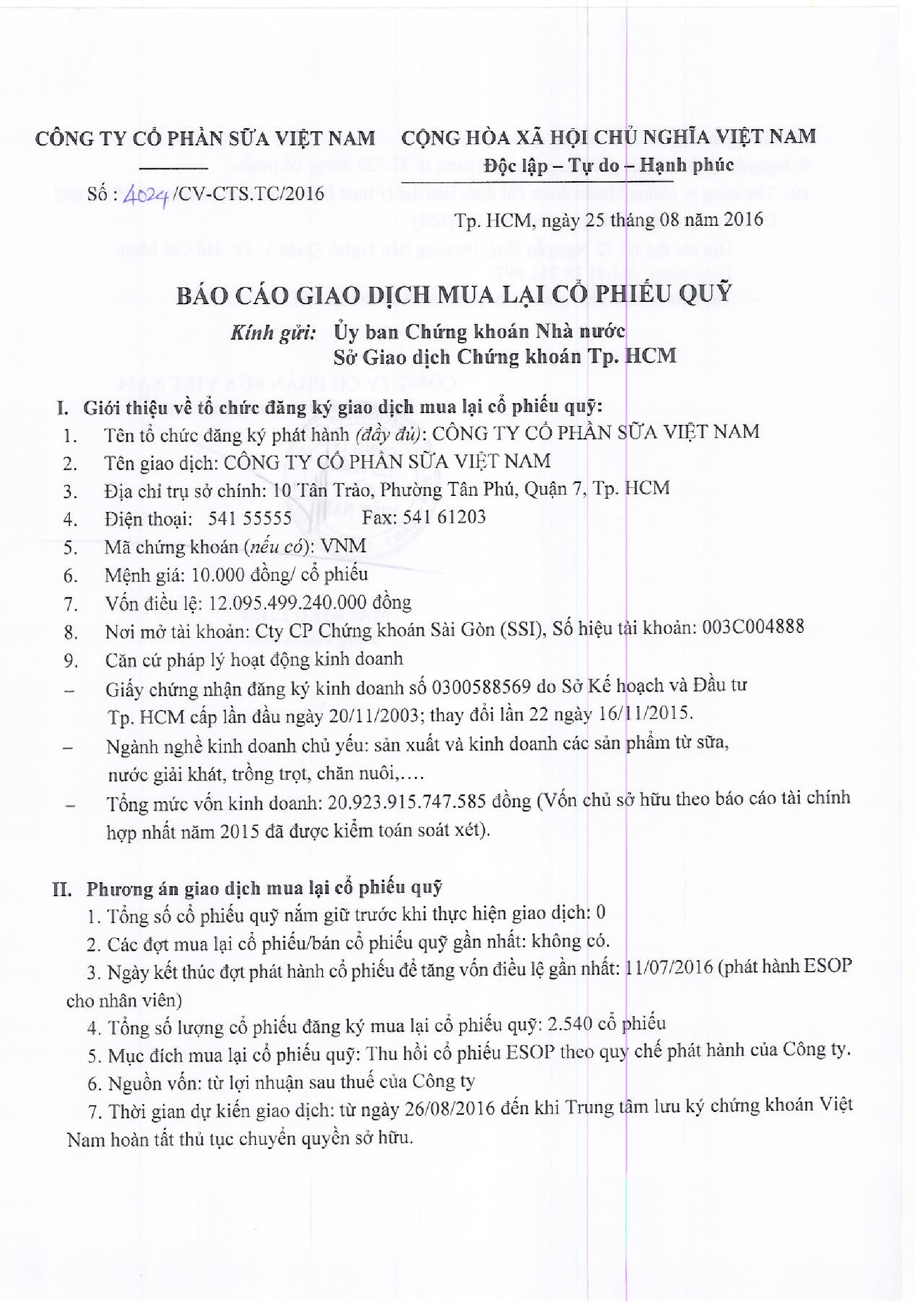 Báo cáo giao dịch mua lại cổ phiếu quỹ 1