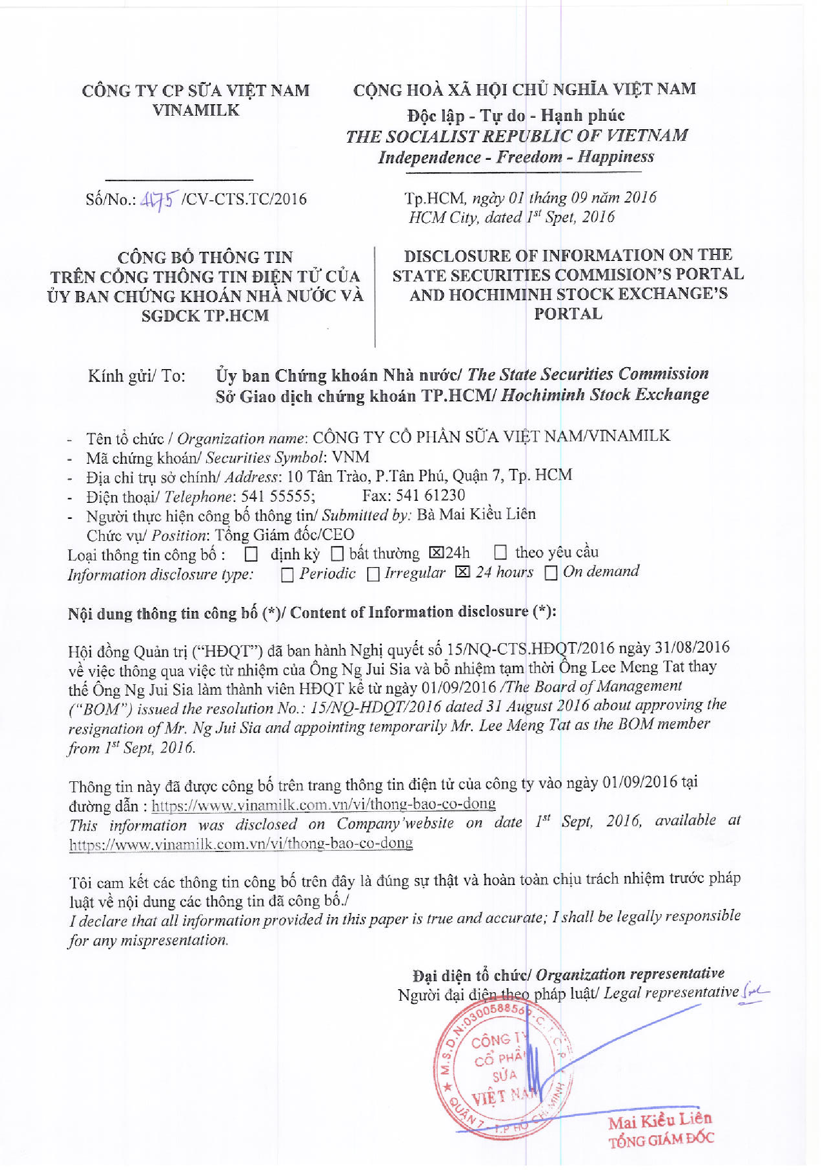 Disclosure of information about changing The Board of Management 1