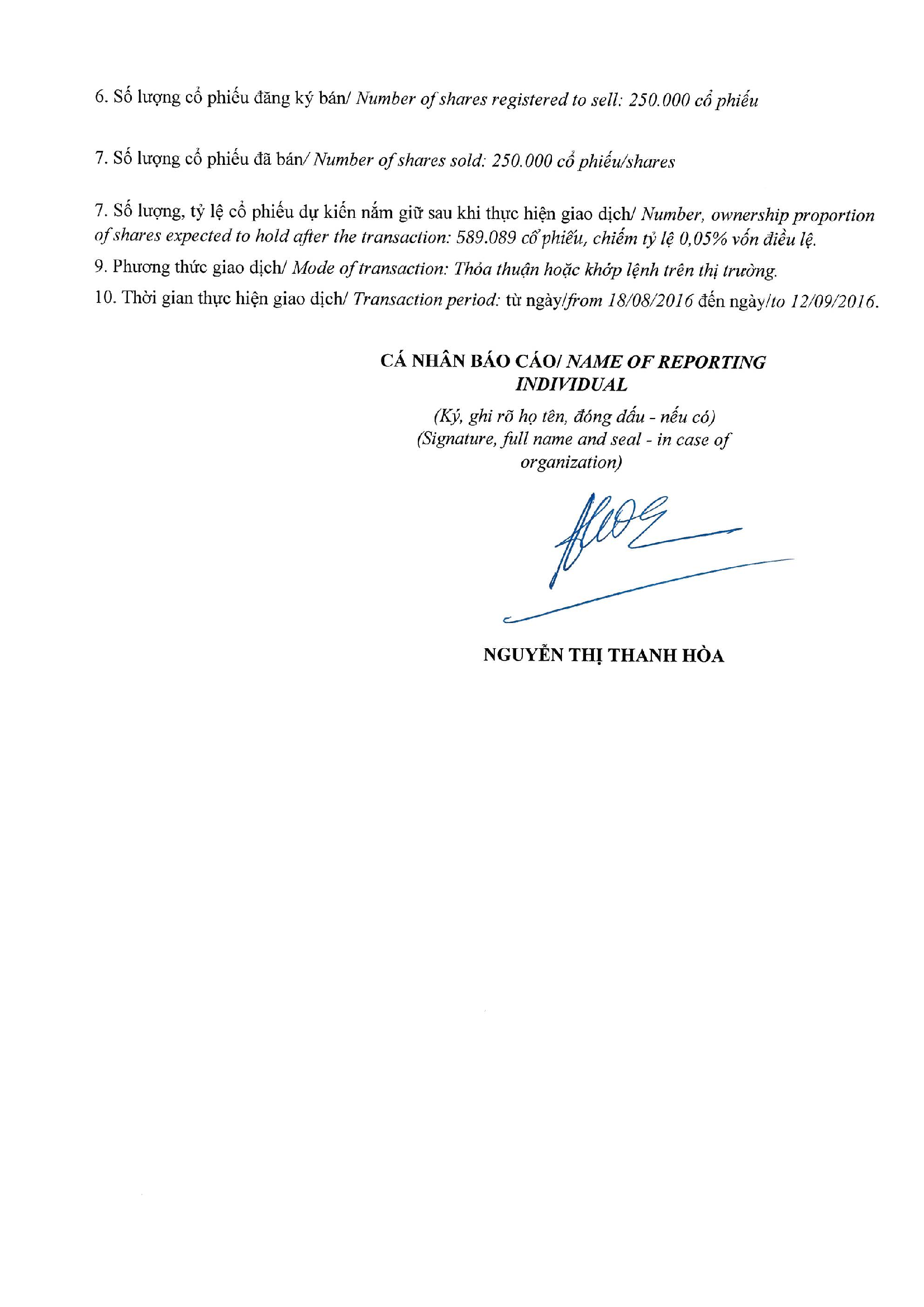 Report on results of transaction in shares of internal person of public company - Nguyen Thi Thanh Hoa 2