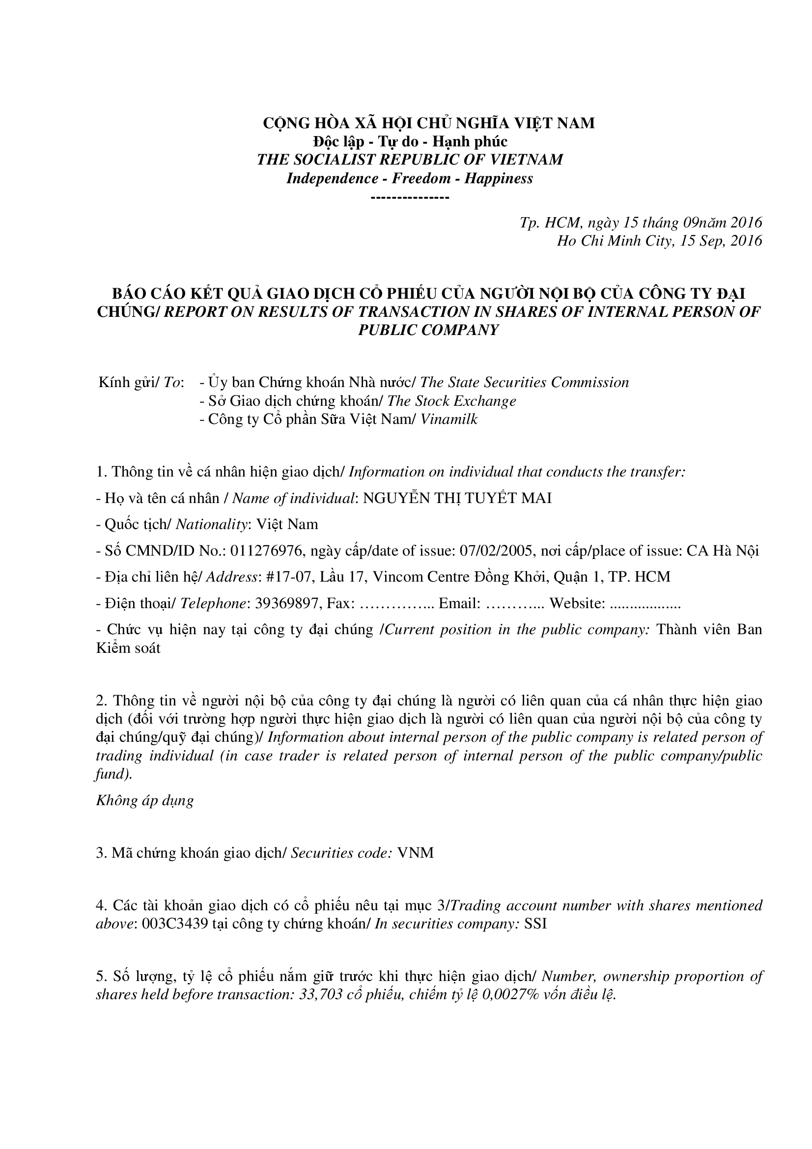 Báo cáo kết quả giao dịch cổ phiếu của người nội bộ của công ty đại chúng - Nguyễn Thị Tuyết Mai 1