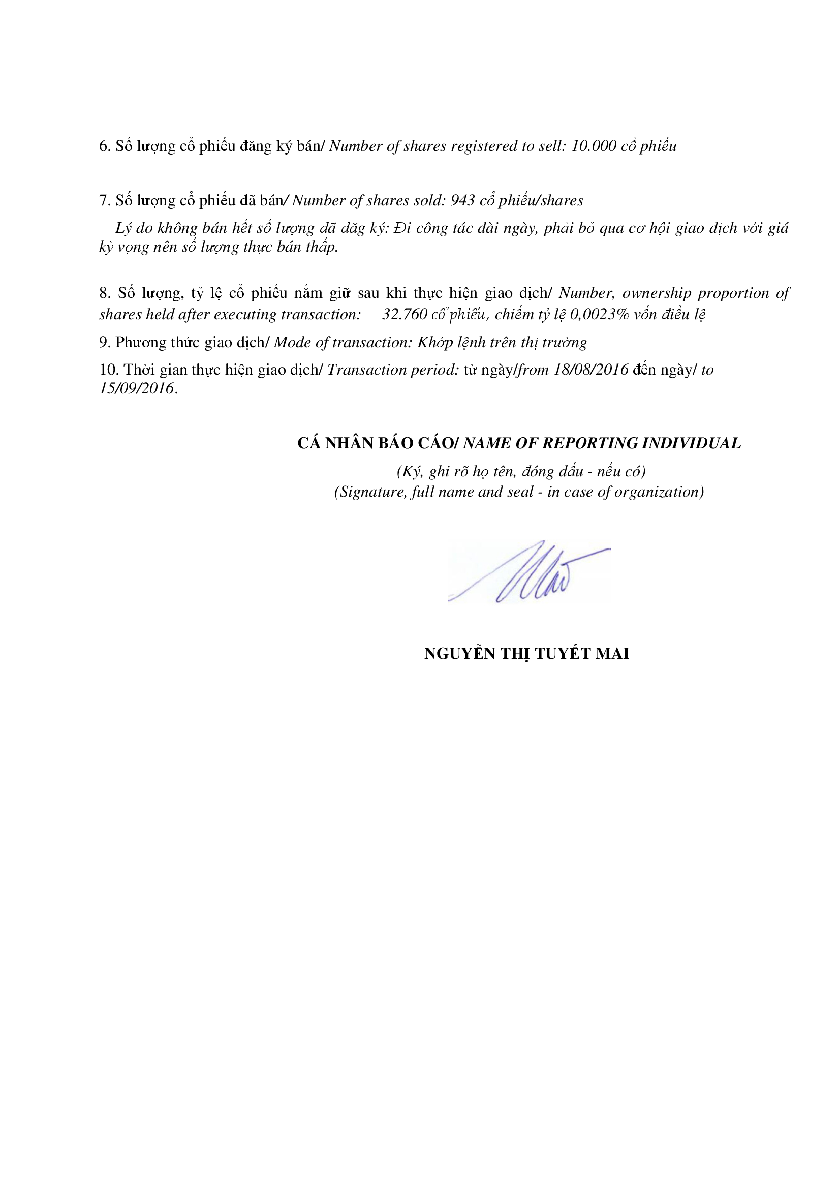 Report on results of transaction in shares of internal person of public company - Nguyen Thi Tuyết Mai 2