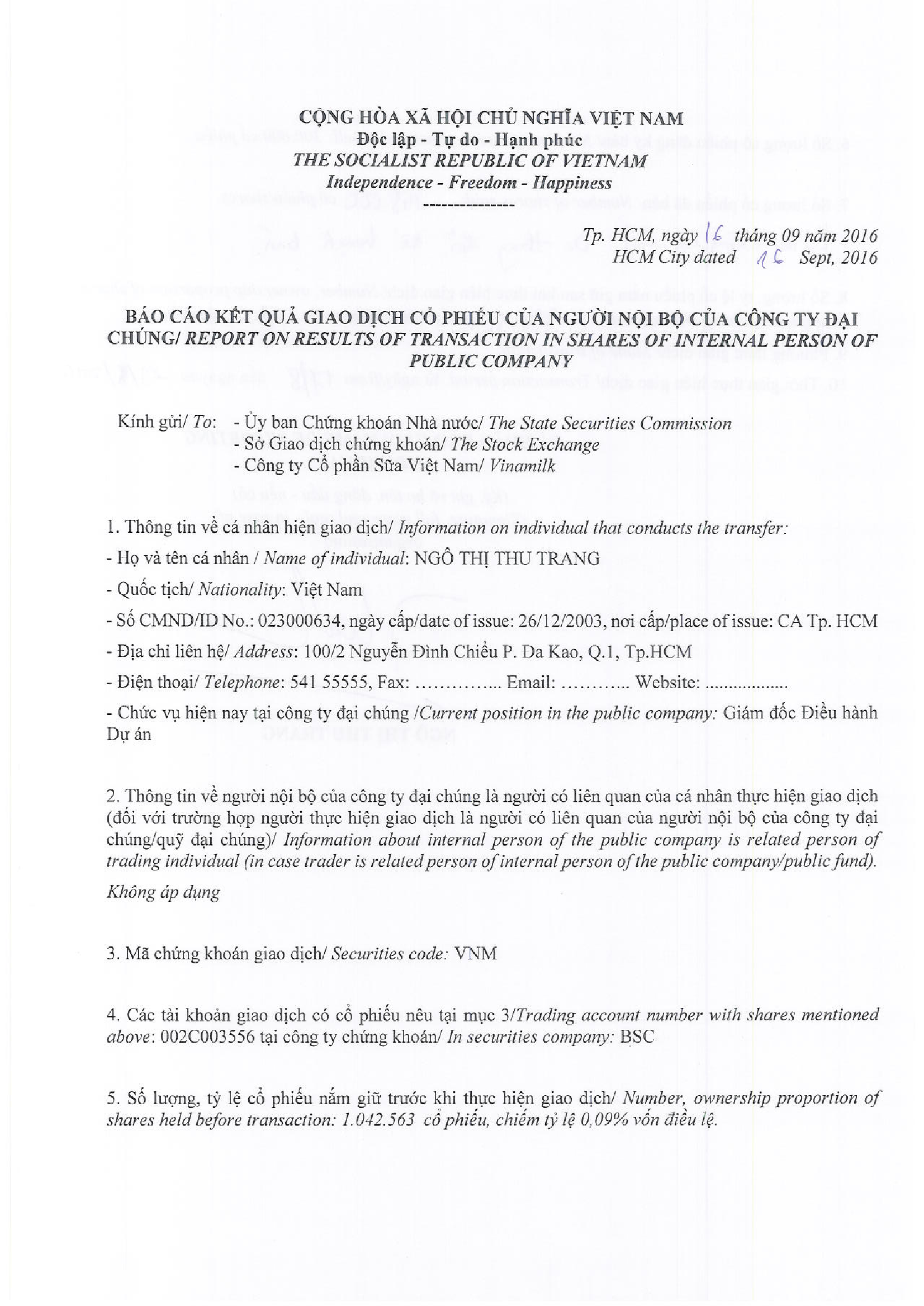 Report on results of transaction in shares of internal person of public company - Ngo Thi Thu Trang 1