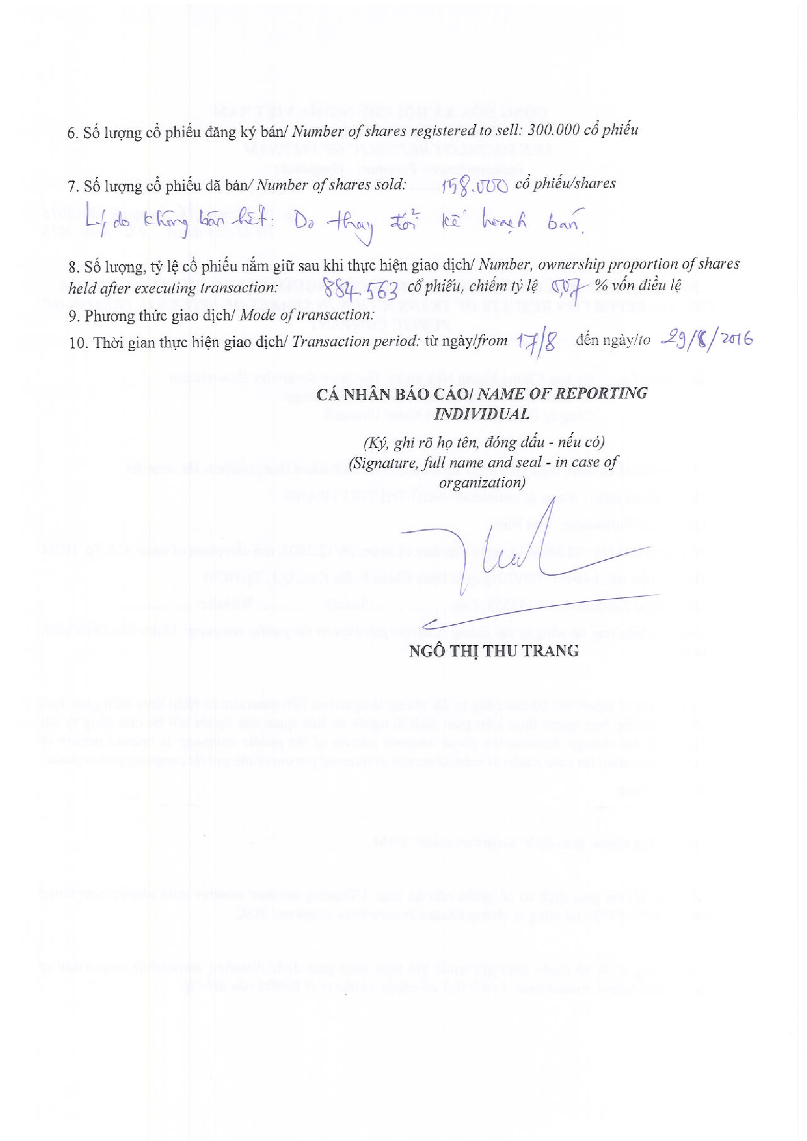 Report on results of transaction in shares of internal person of public company - Ngo Thi Thu Trang 2