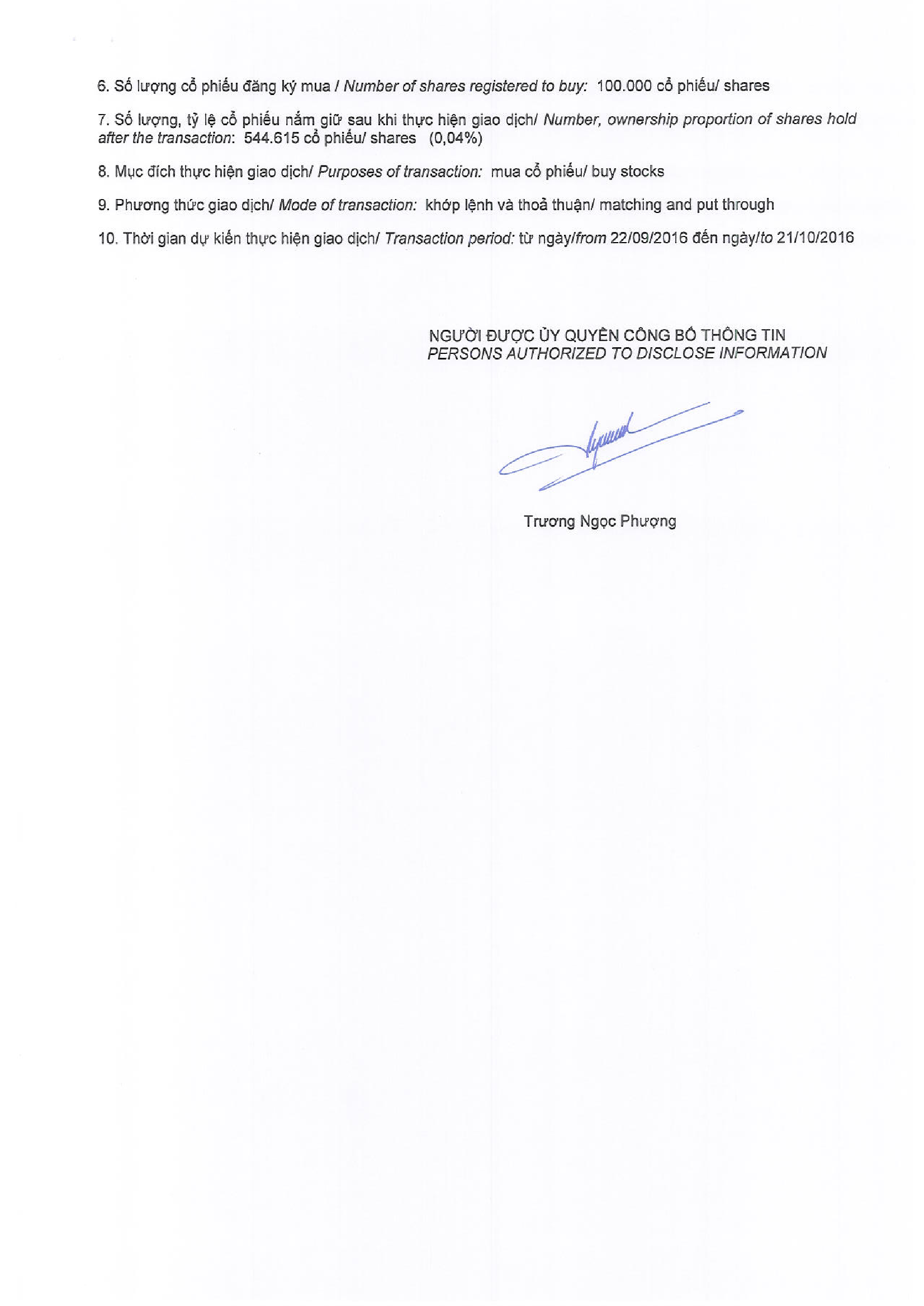 Notice of transaction in shares of related institutional to internal shareholder 2