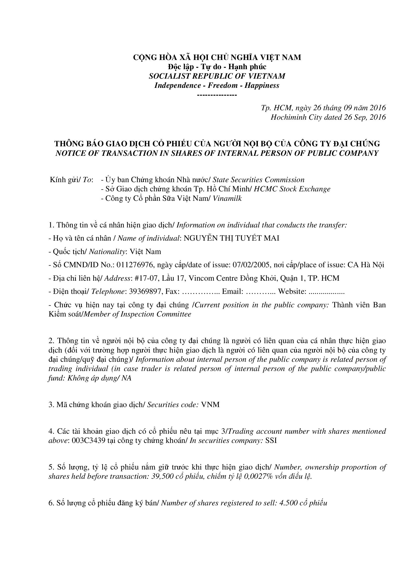 Thông báo giao dịch cổ phiếu của người nội bộ của công ty đại chúng - Nguyễn Thị Tuyết Mai 1