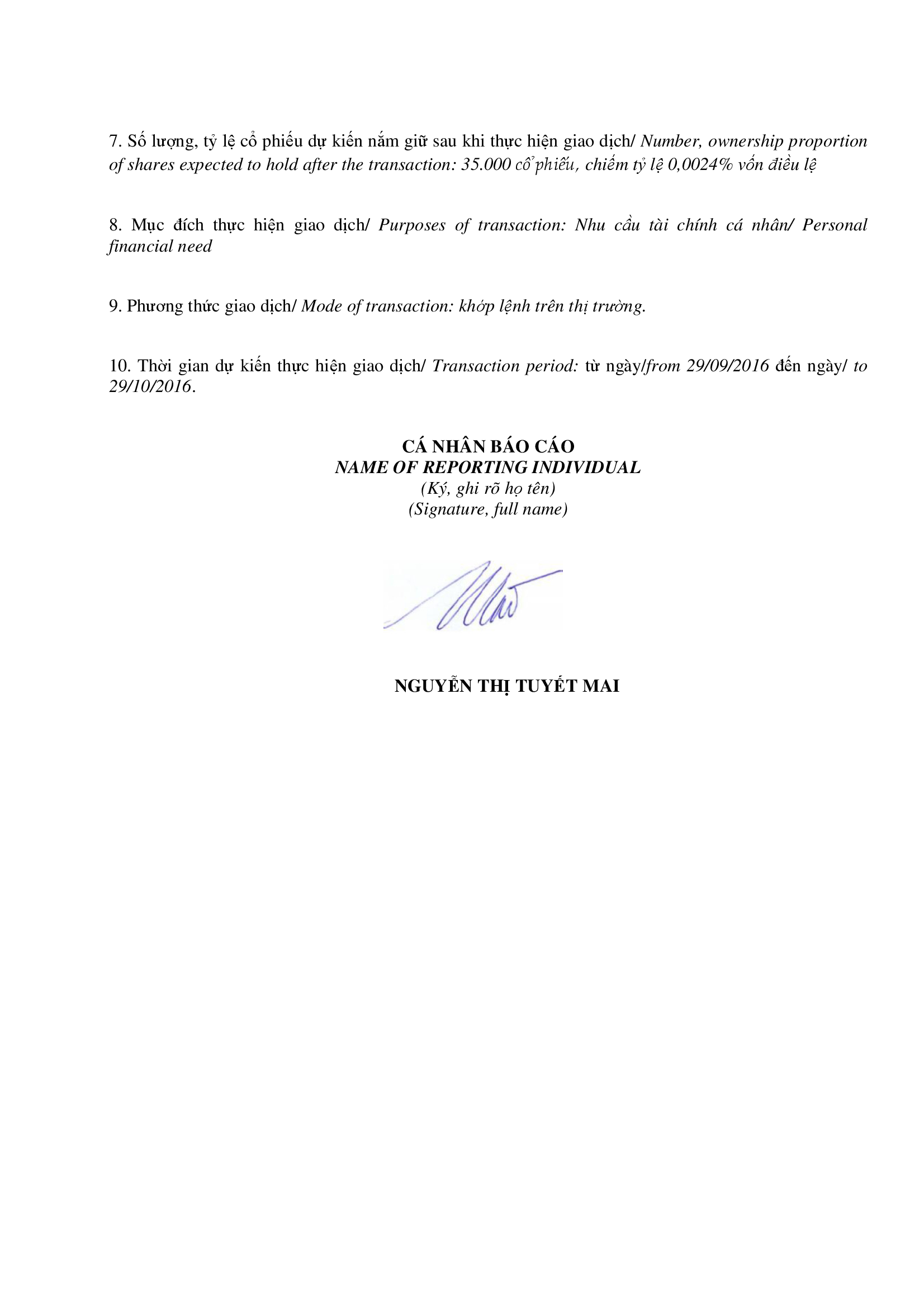 Thông báo giao dịch cổ phiếu của người nội bộ của công ty đại chúng - Nguyễn Thị Tuyết Mai 2