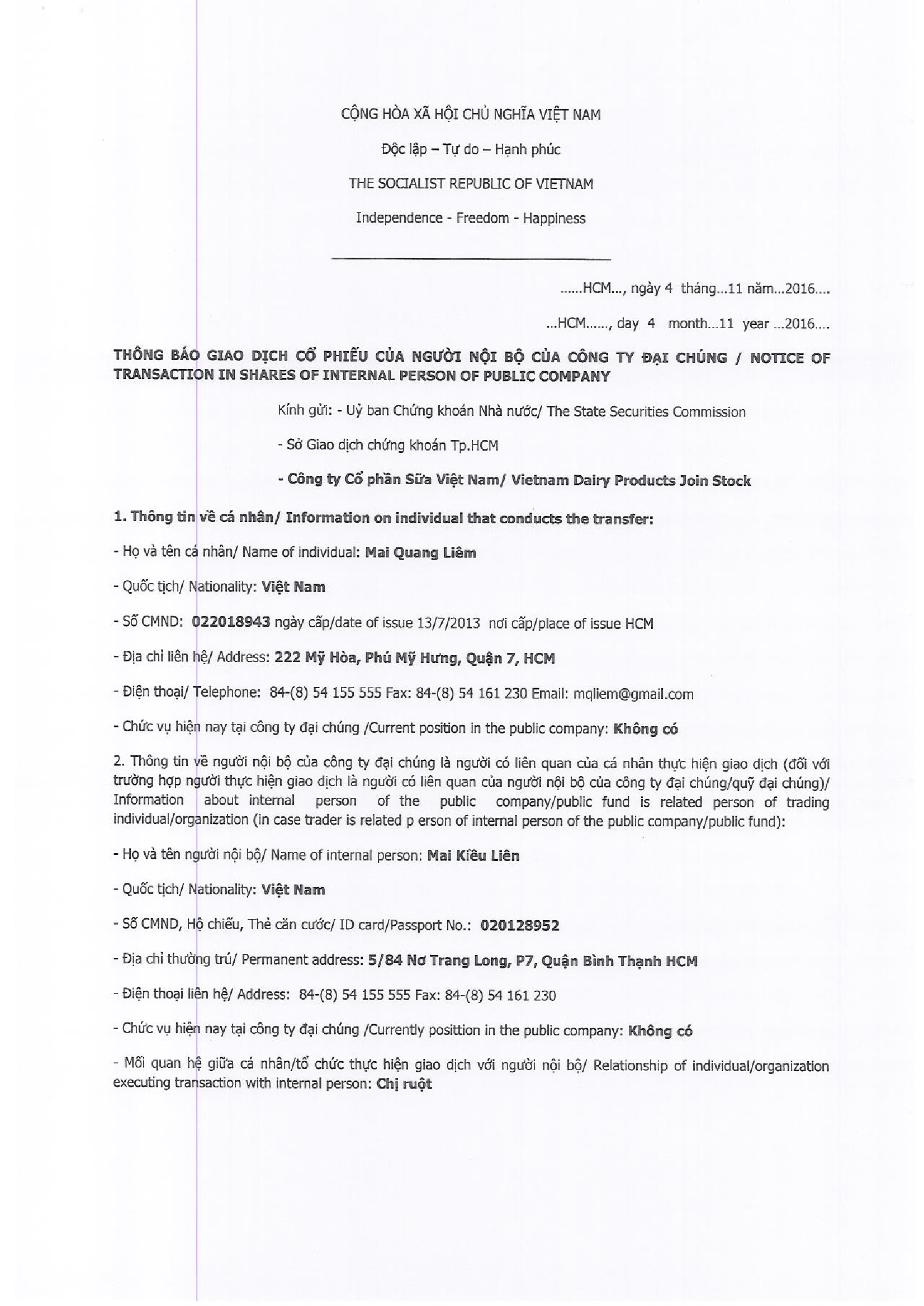 Notice of transaction in shares of internal person of public company - Mai Quang Liem 1