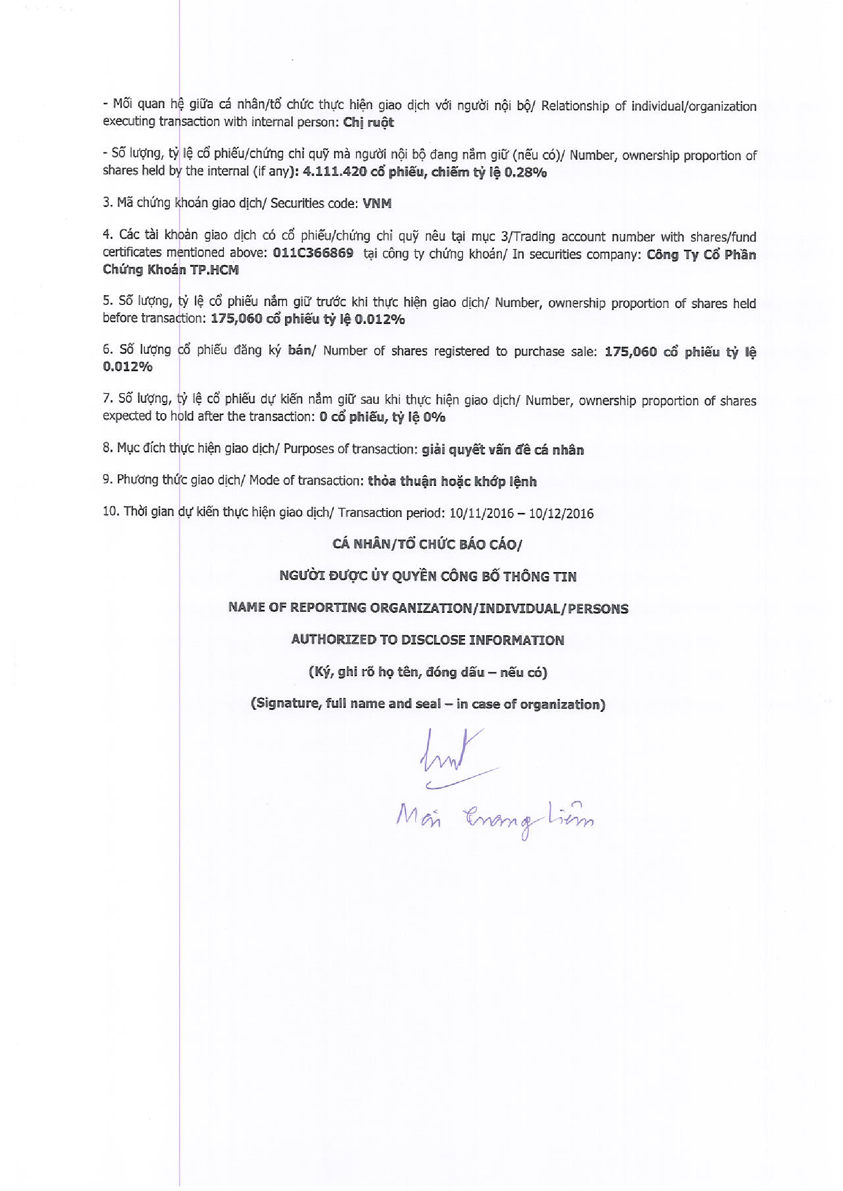Notice of transaction in shares of internal person of public company - Mai Quang Liem 2