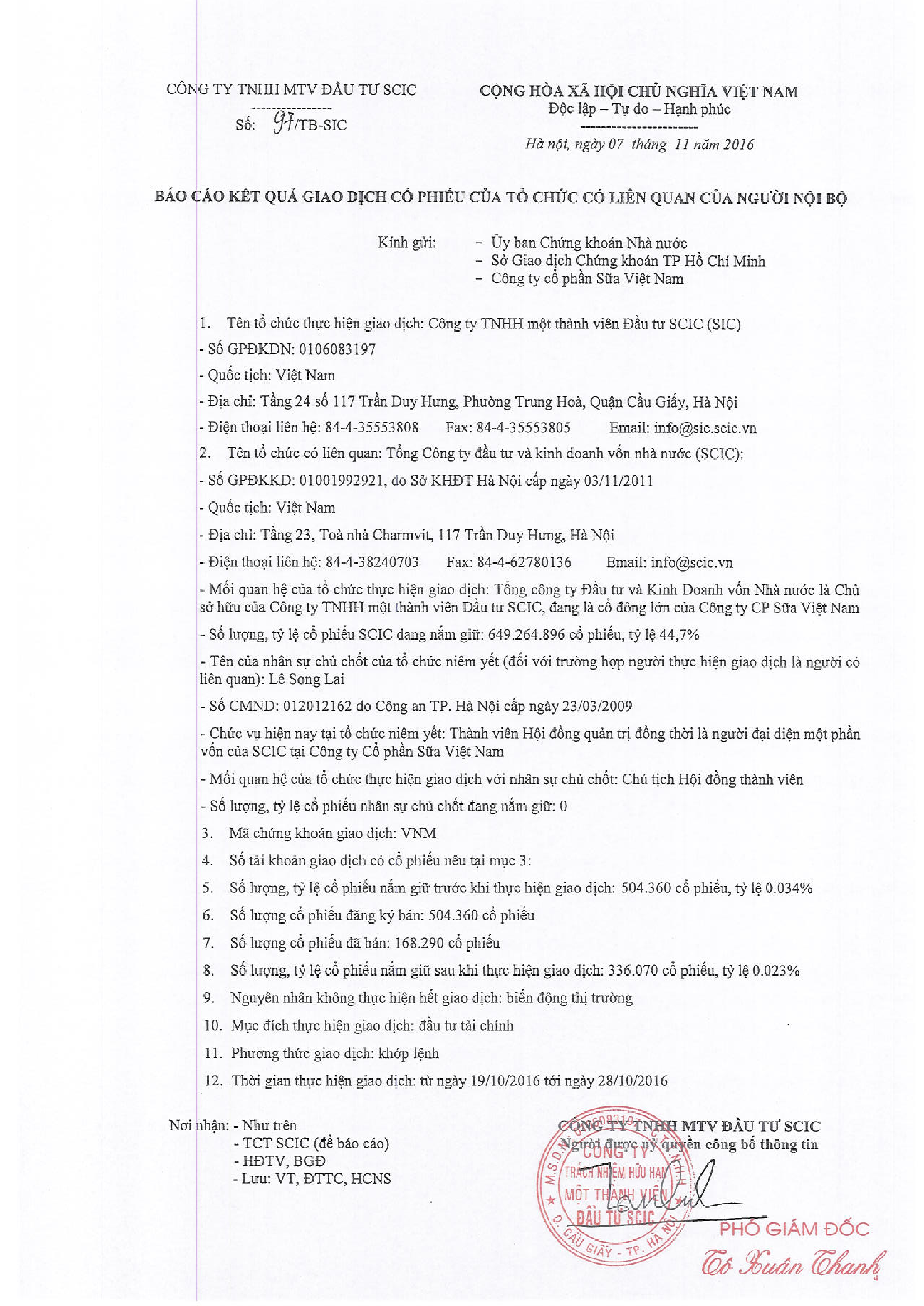 Báo cáo kết quả giao dịch cổ phiếu của tổ chức có liên quan của người nội bộ SCIC 1