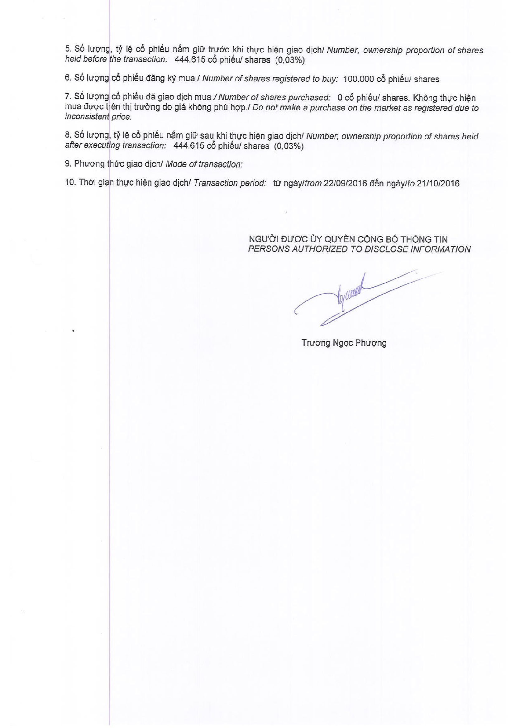 Report on results of transaction in shares of related institutional to internal person 94/2016-BCGD 2