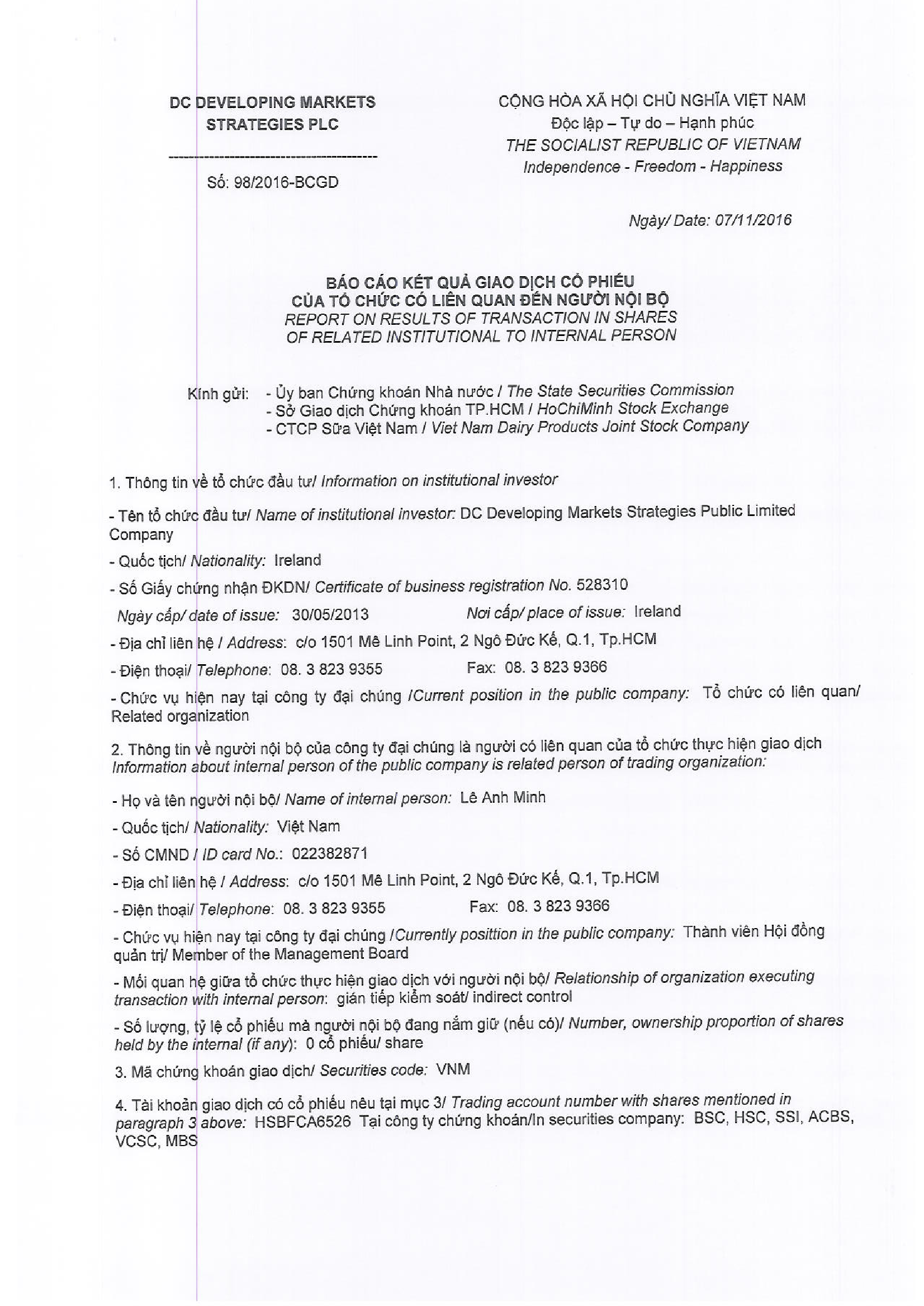 Report on results of transaction in shares of related institutional to internal person 98/2016-BCGD 1