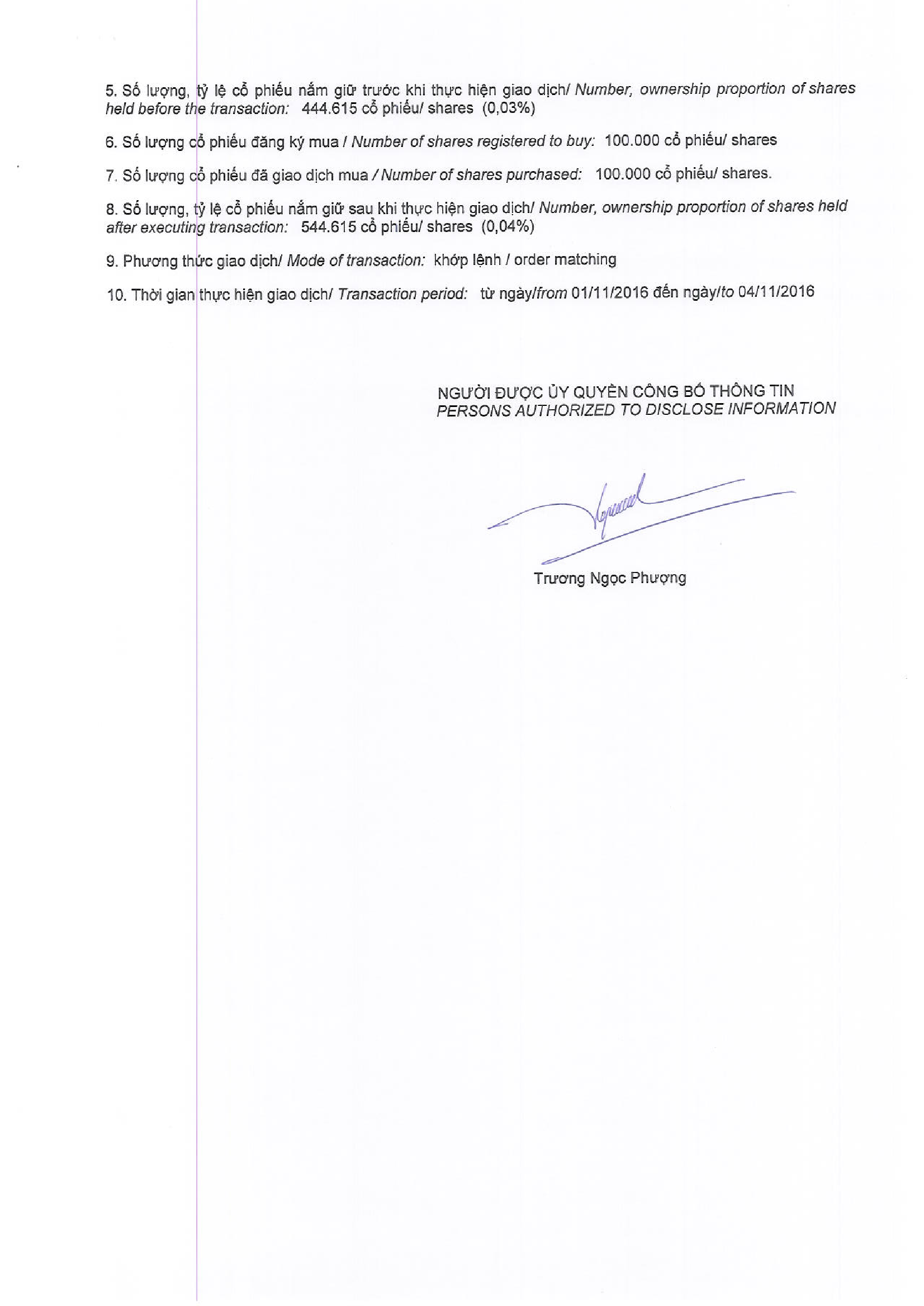 Report on results of transaction in shares of related institutional to internal person 98/2016-BCGD 2