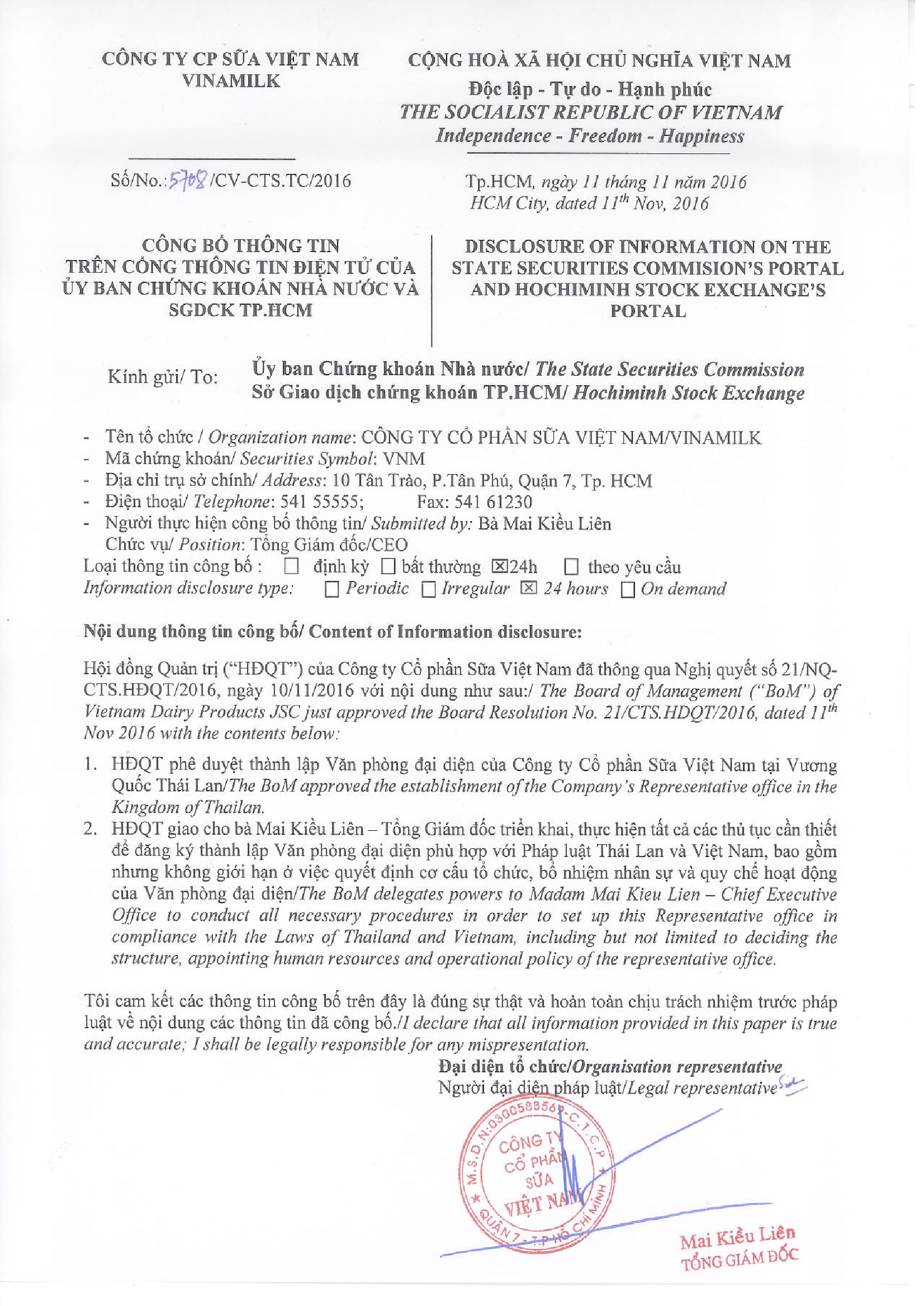 Công bố thông tin trên cổng thông tin điện tử của uỷ ban chứng khoán nhà nước và SGDCK TP.HCM 11/11/2016 1