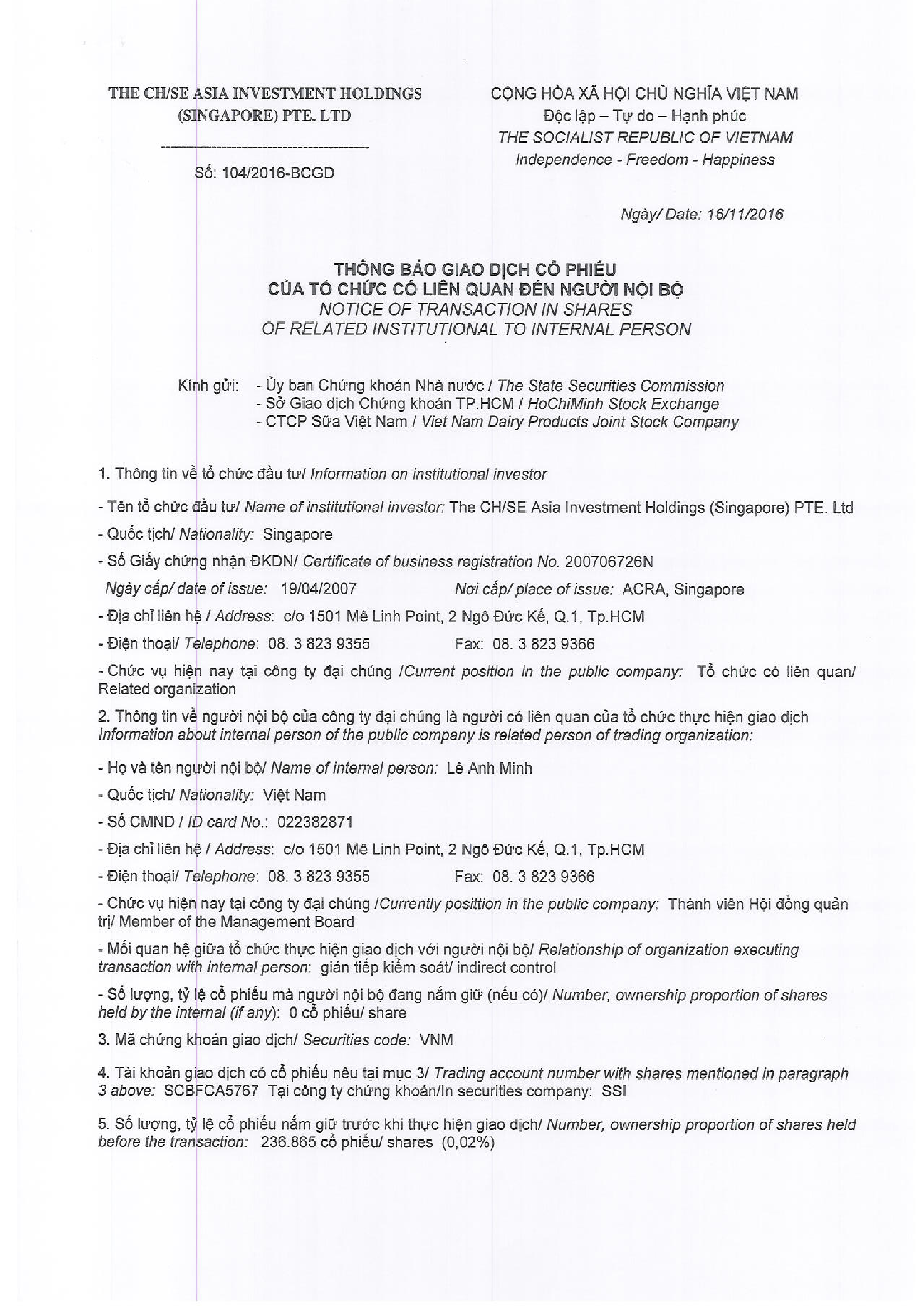 Notice of transaction in shares of related institutional to internal person 104/2016-BCGD 1
