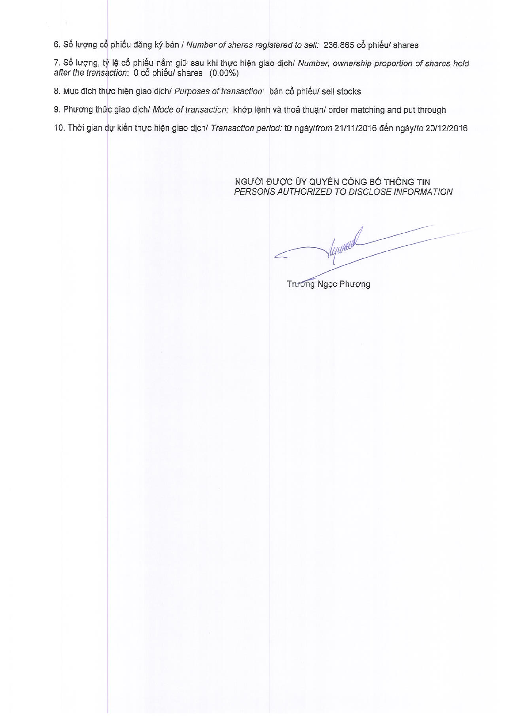 Thông báo giao dịch cổ phiếu của tổ chức có liên quan đến người nội bộ 104/2016-BCGD 2