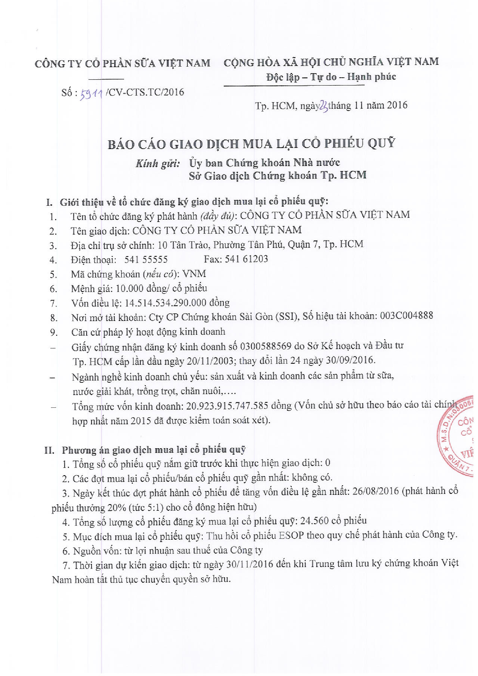 Thông báo thu hồi cổ phiếu ESOP 1