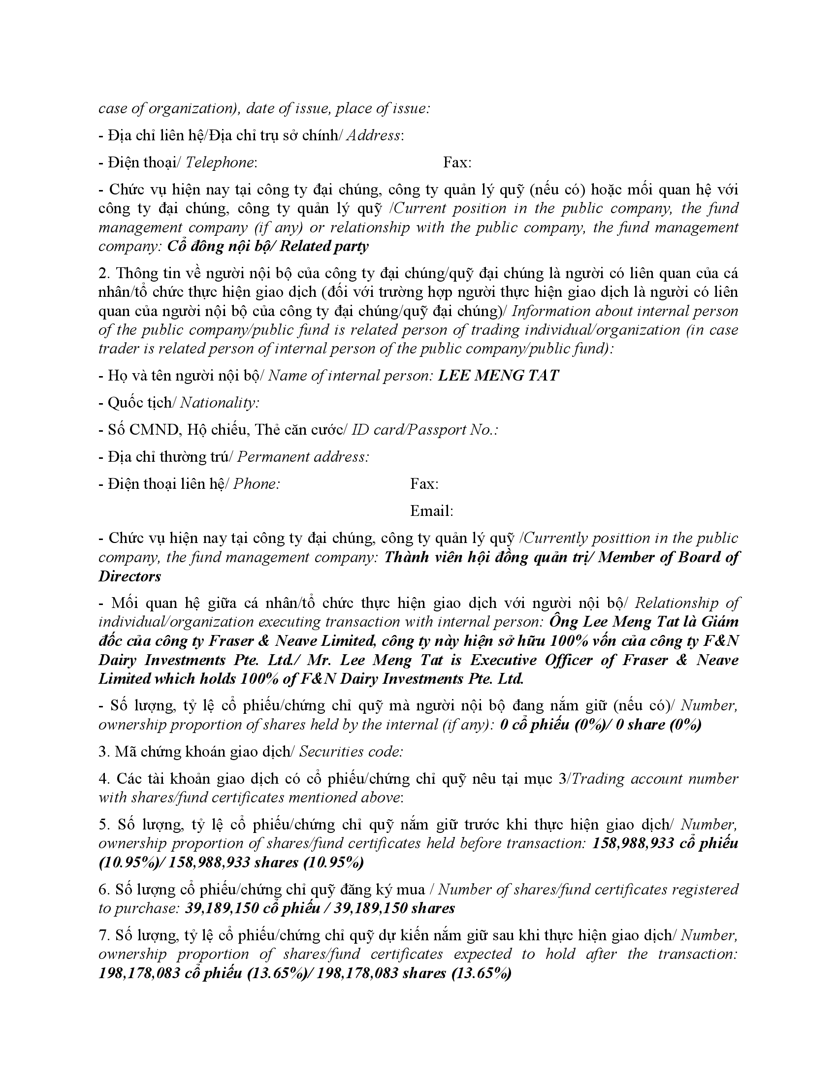 Thông báo giao dịch cổ phiếu/chứng chỉ quỹ của người nội bộ của công ty đại chúng, người nội bộ của quỹ đại chúng và người có liên quan của người nội bộ - F&N DI 2