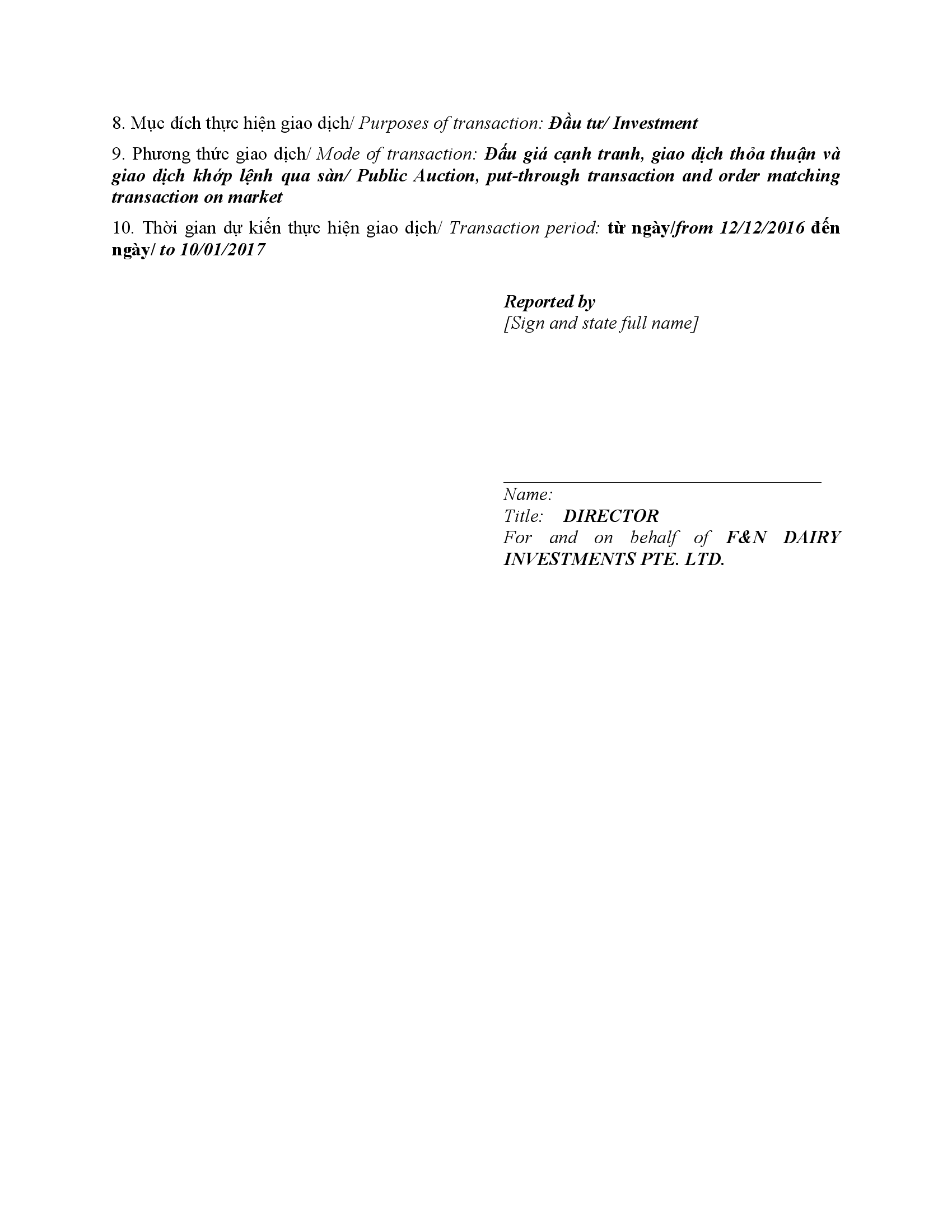 Thông báo giao dịch cổ phiếu/chứng chỉ quỹ của người nội bộ của công ty đại chúng, người nội bộ của quỹ đại chúng và người có liên quan của người nội bộ - F&N DI 3