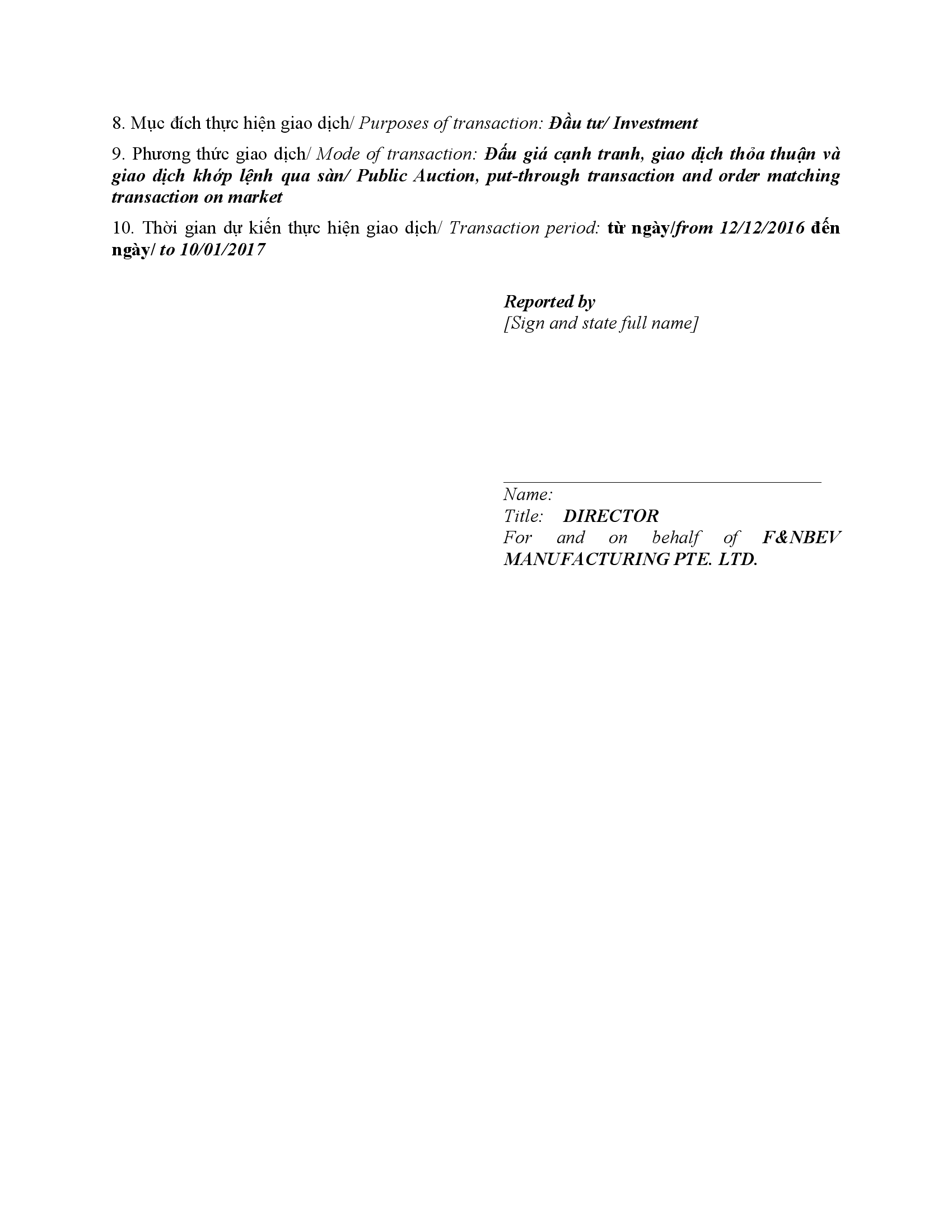 Thông báo giao dịch cổ phiếu/chứng chỉ quỹ của người nội bộ của công ty đại chúng, người nội bộ của quỹ đại chúng và người có liên quan của người nội bộ - F&N BEV 3