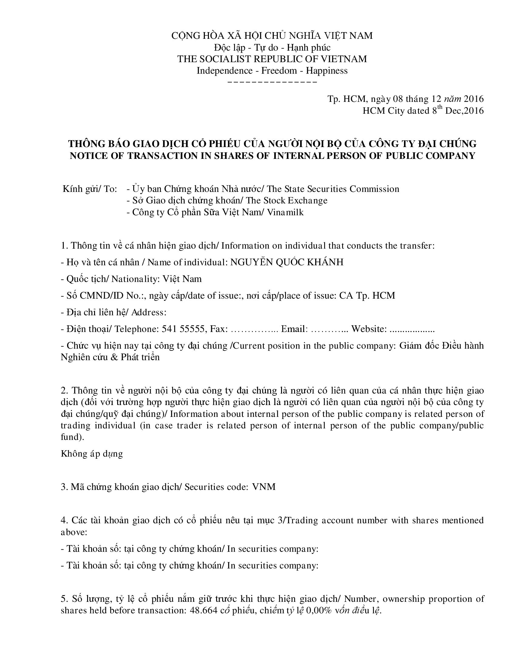 Thông báo giao dịch cổ phiếu của người nội bộ của công ty đại chúng - Nguyễn Quốc Khánh 1