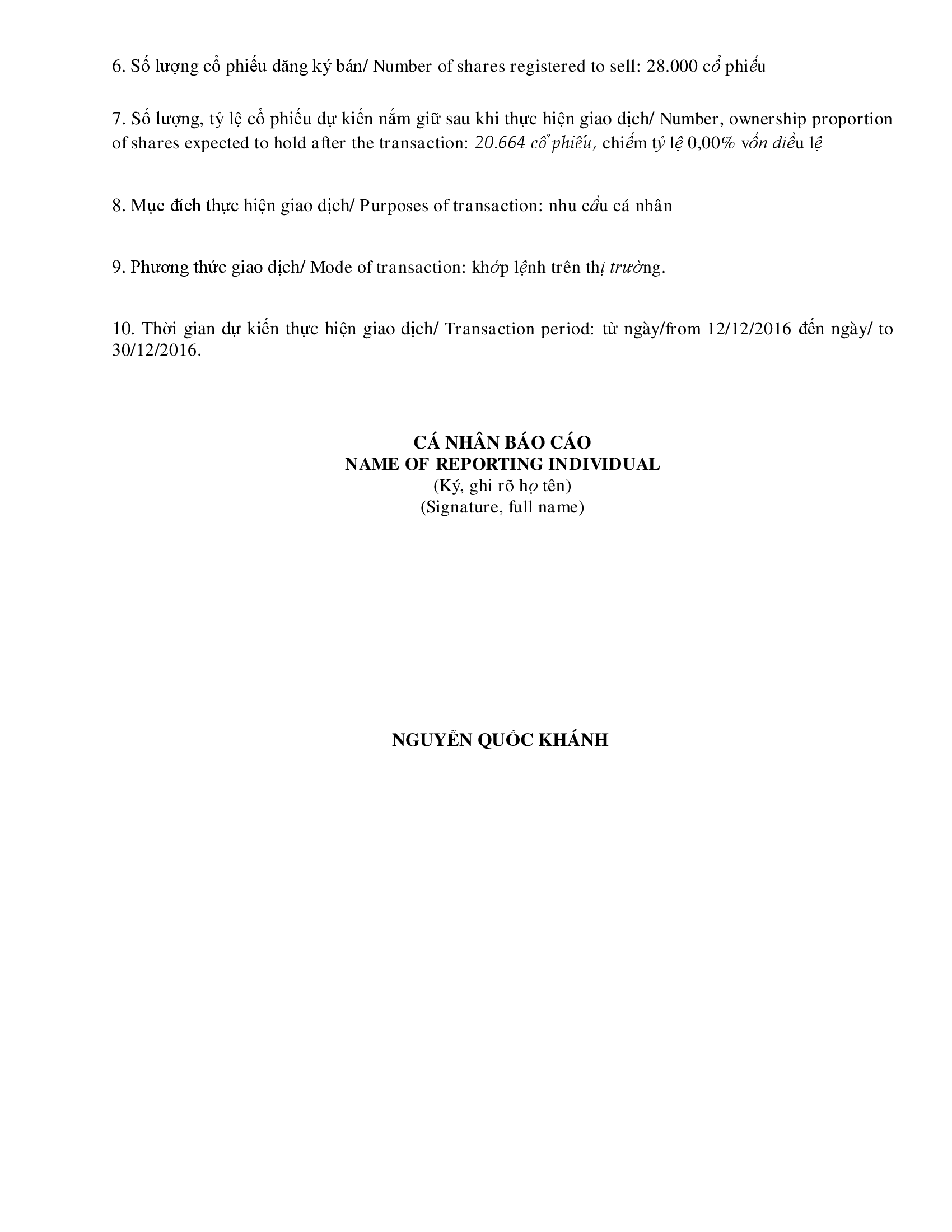 Thông báo giao dịch cổ phiếu của người nội bộ của công ty đại chúng - Nguyễn Quốc Khánh 2