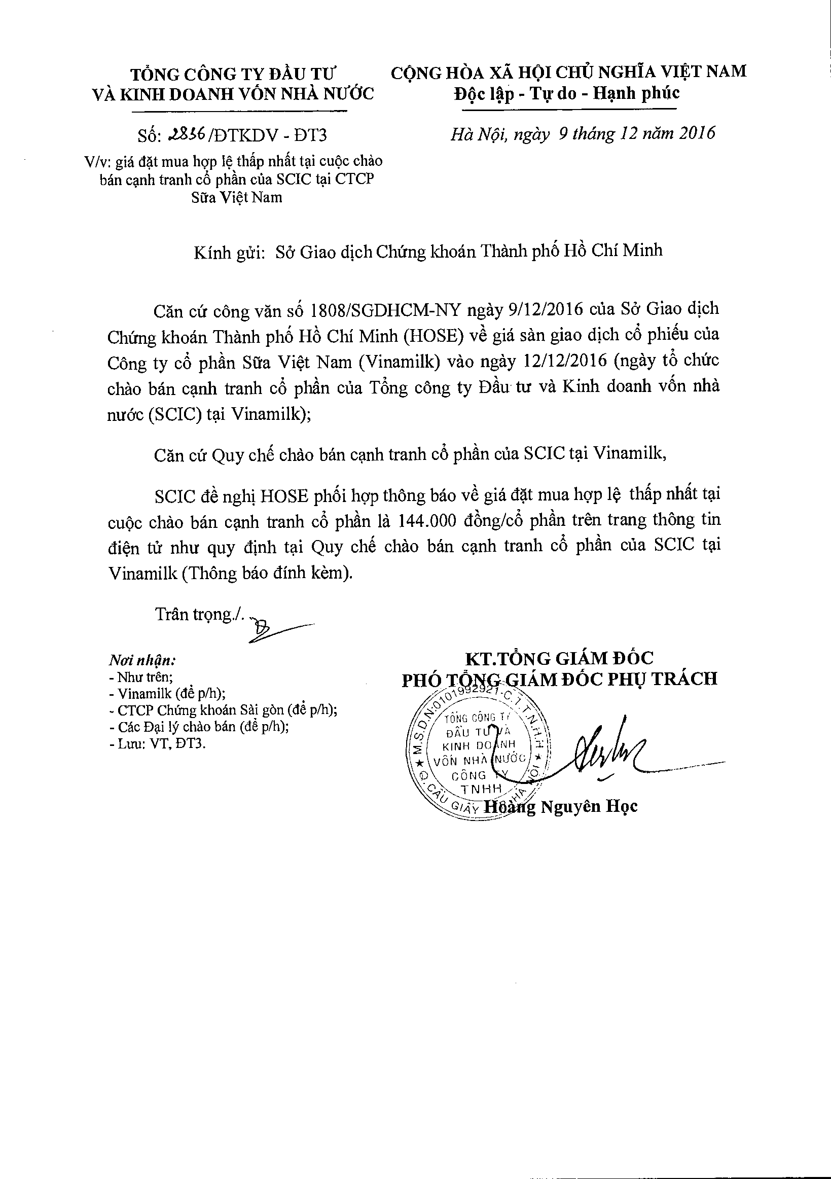 Thông báo giá đặt mua hợp lệ thấp nhất tại cuộc chào bán cạnh tranh cổ phần của SCIC tại CTCP  Sữa Việt Nam 2