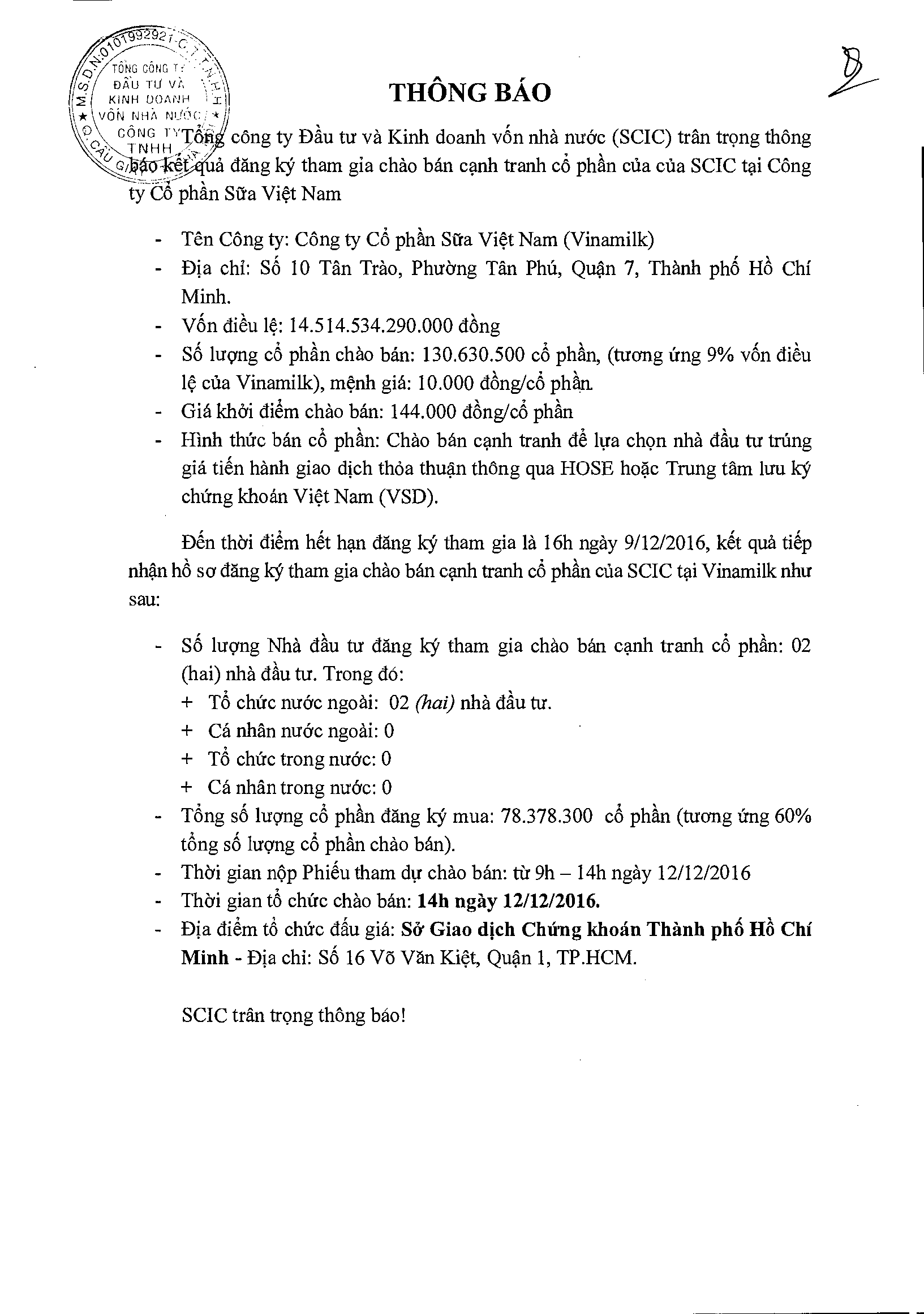 Thông báo kết quả đăng ký tham gia chào bán cạnh tranh 1