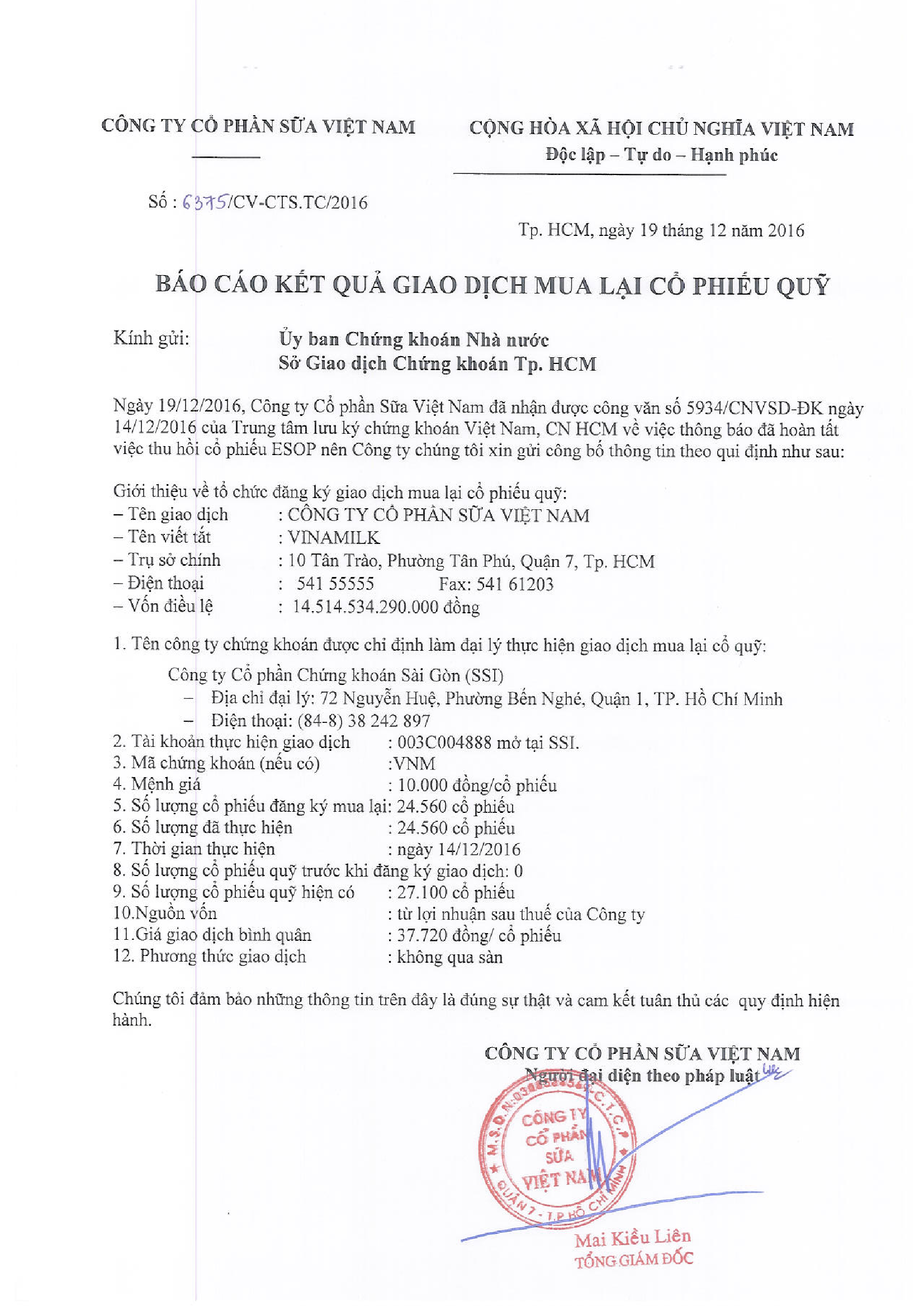 Báo cáo kết quả giao dịch mua lại cổ phiếu quỹ (thu hồi ESOP) 1