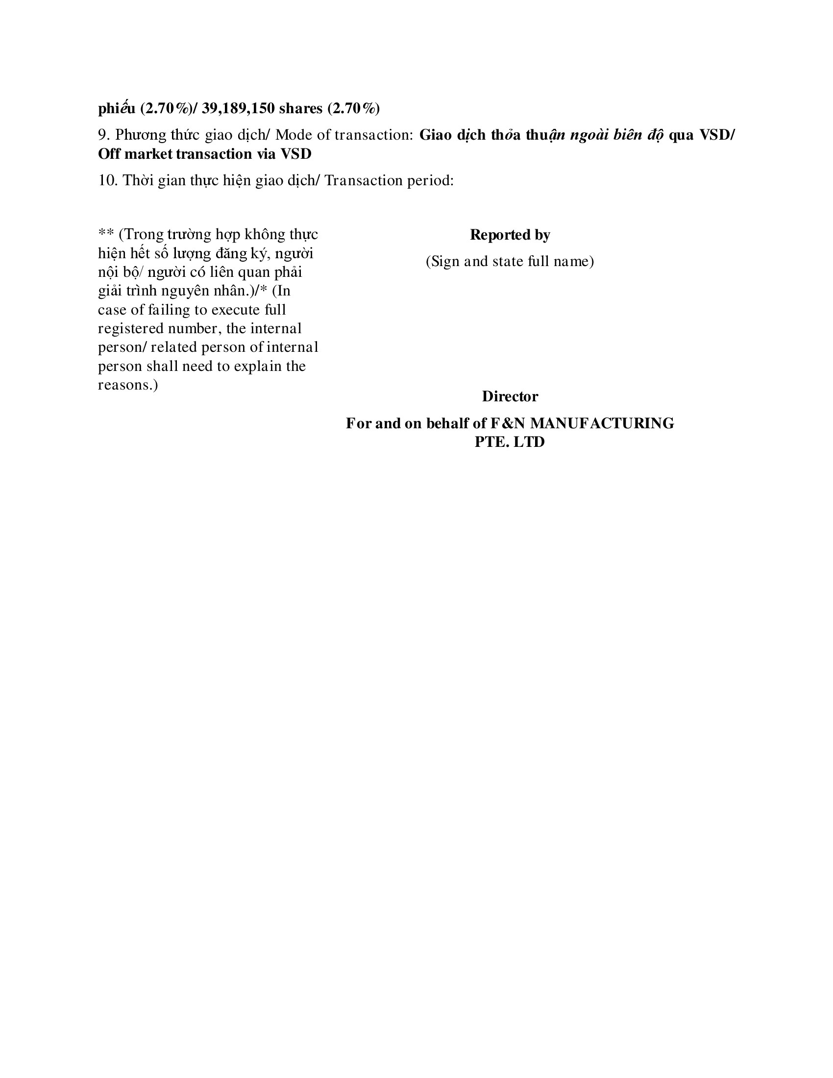 Báo cáo kết quả giao dịch cổ phiếu/chứng chỉ quỹ của người nội bộ của công ty đại chúng, người nội bộ của quỹ đại chúng và người có liên quan của người nội bộ - F&N BEV 3